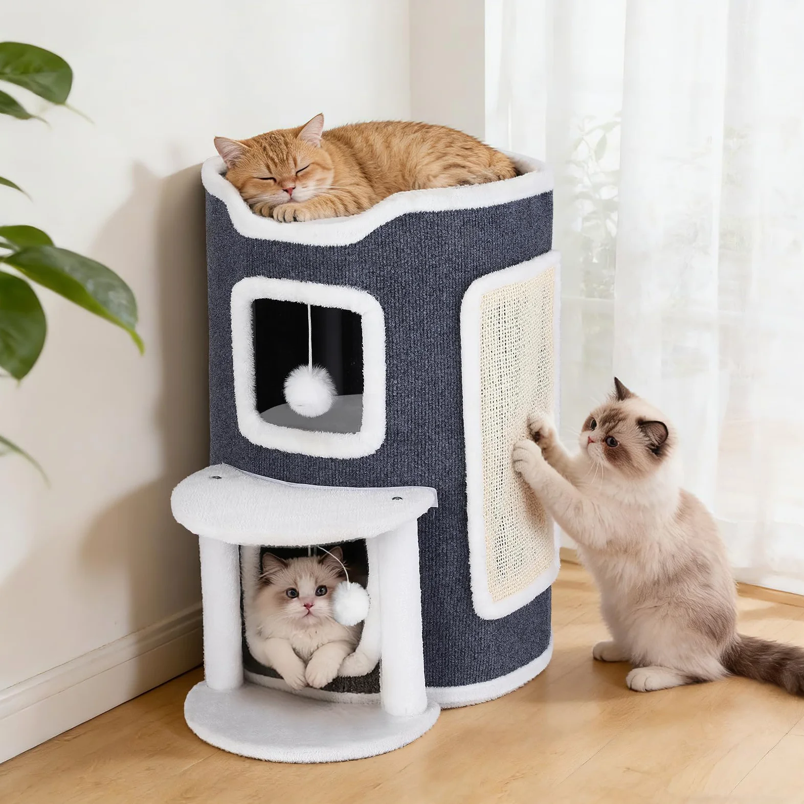 Cuccia per gatti a 3 piani, con tiragraffi e piattaforma per gatti da appartamento, con 2 grotte e piattaforma di visualizzazione, mobili per gatti con palla da gioco, 43 x 62 cm, grigio