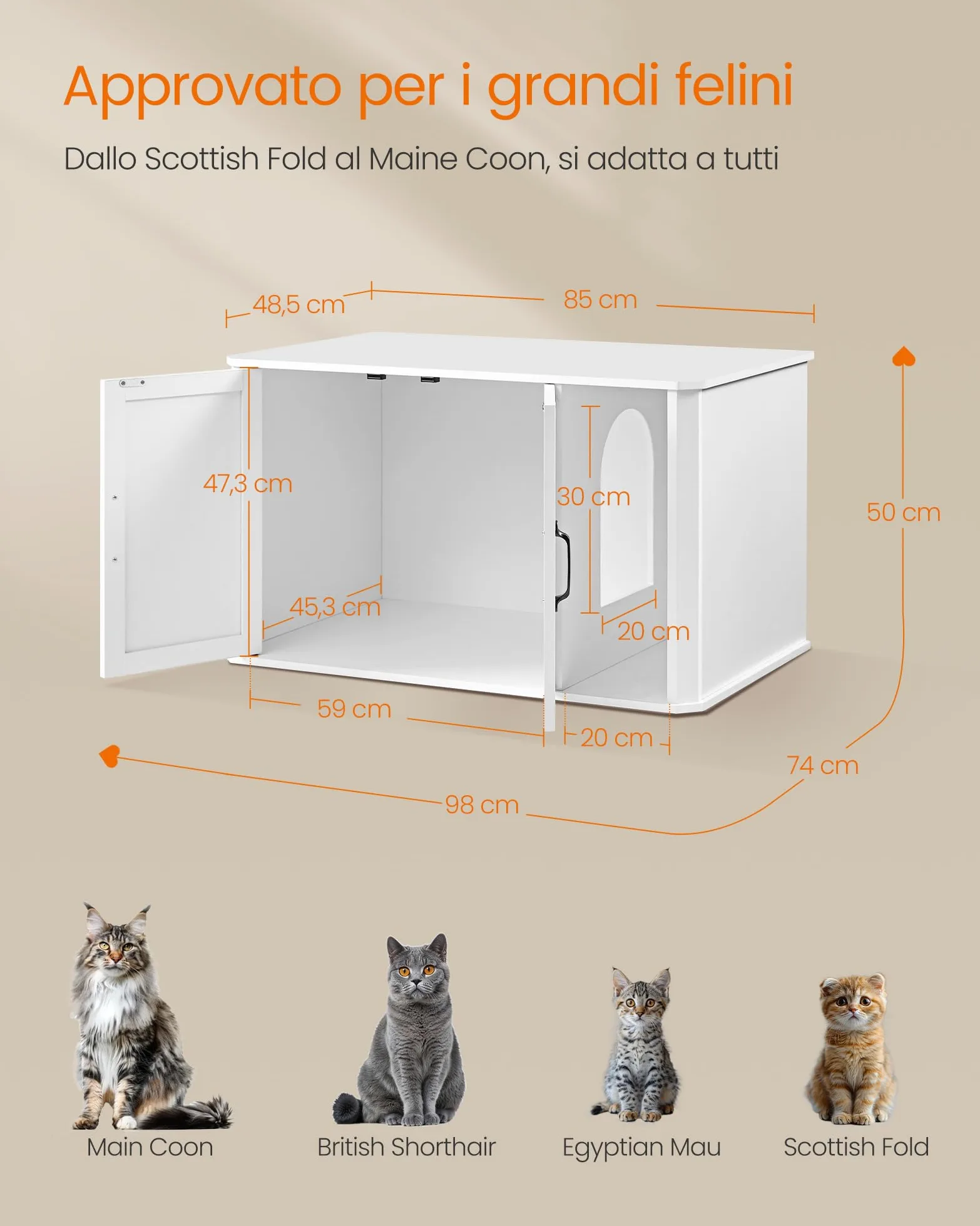Feandrea Mobile per Lettiera, Mobile Moderno per Lettiera Nascosto, con Ingresso Frontale, Doppie Porte, Maniglie, Casetta per Gatti, Tavolino Laterale, 85 x 48,5 x 50 cm, Bianco Nuvola PCL012W01