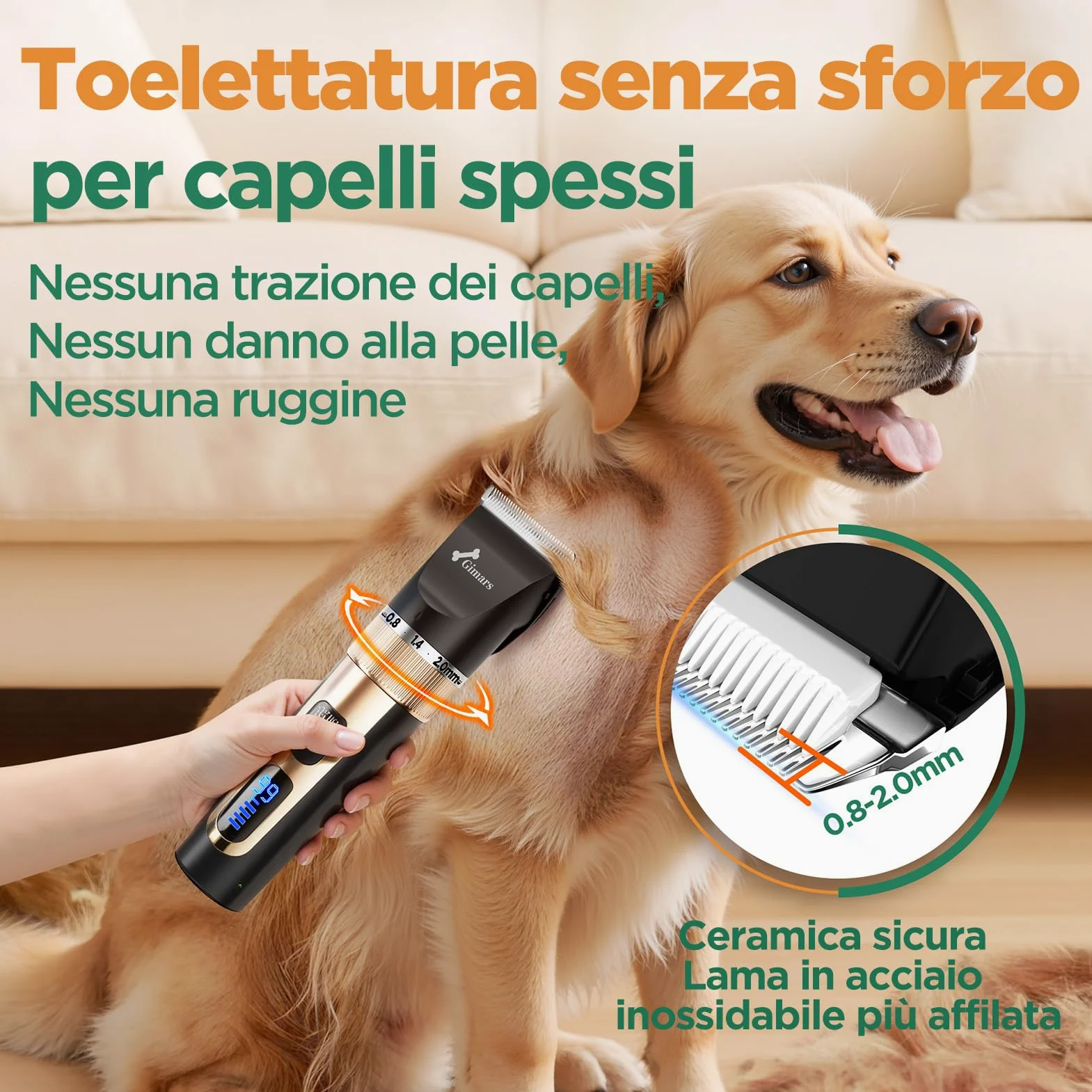 Gimars Silenzioso Tosatrice per Cani Professionale, Impermeabile IPX7 Rasoio per Cani Pelo Lungo, Macchinetta per Gatti, Dorata