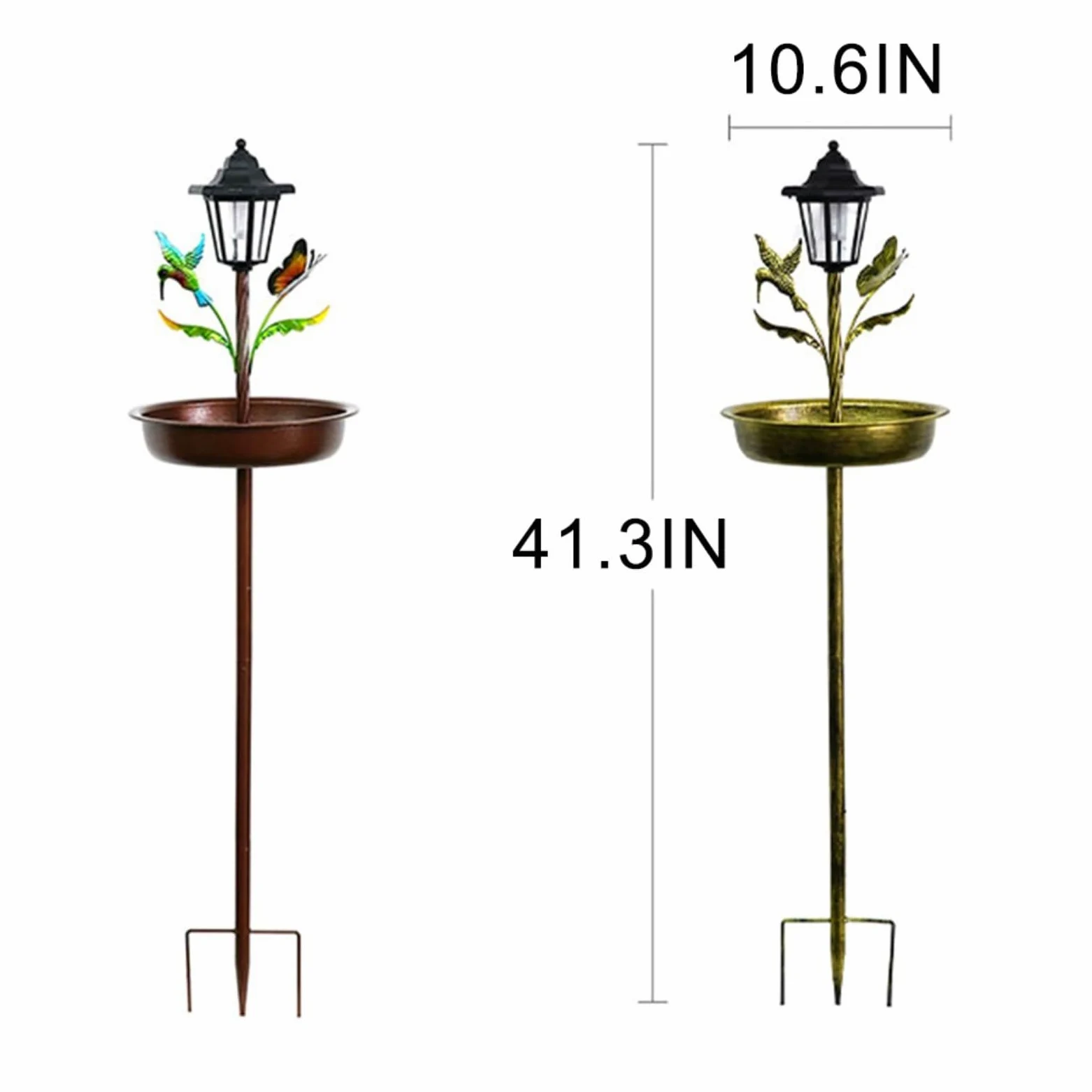 Mangiatoia solare in metallo per uccelli con luce integrata e vasca, resistente alle intemperie, decorazione da giardino per esterni, marrone, 105 cm (antico)