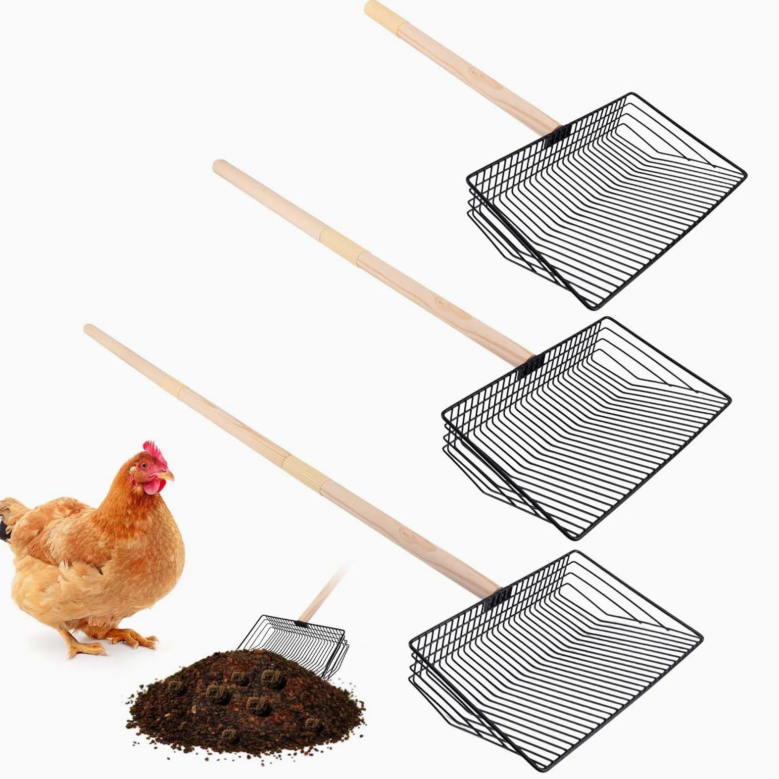 Gosknor Paletta Lettiera Pollo, Strumento Pulizia Pollaio in Acciaio Inossidabile 3 in 1 Strumento Staccabile Paletta Lettiera Pollo Manico Lungo Paletta per Escrementi di Pollo Accessori Pollaio