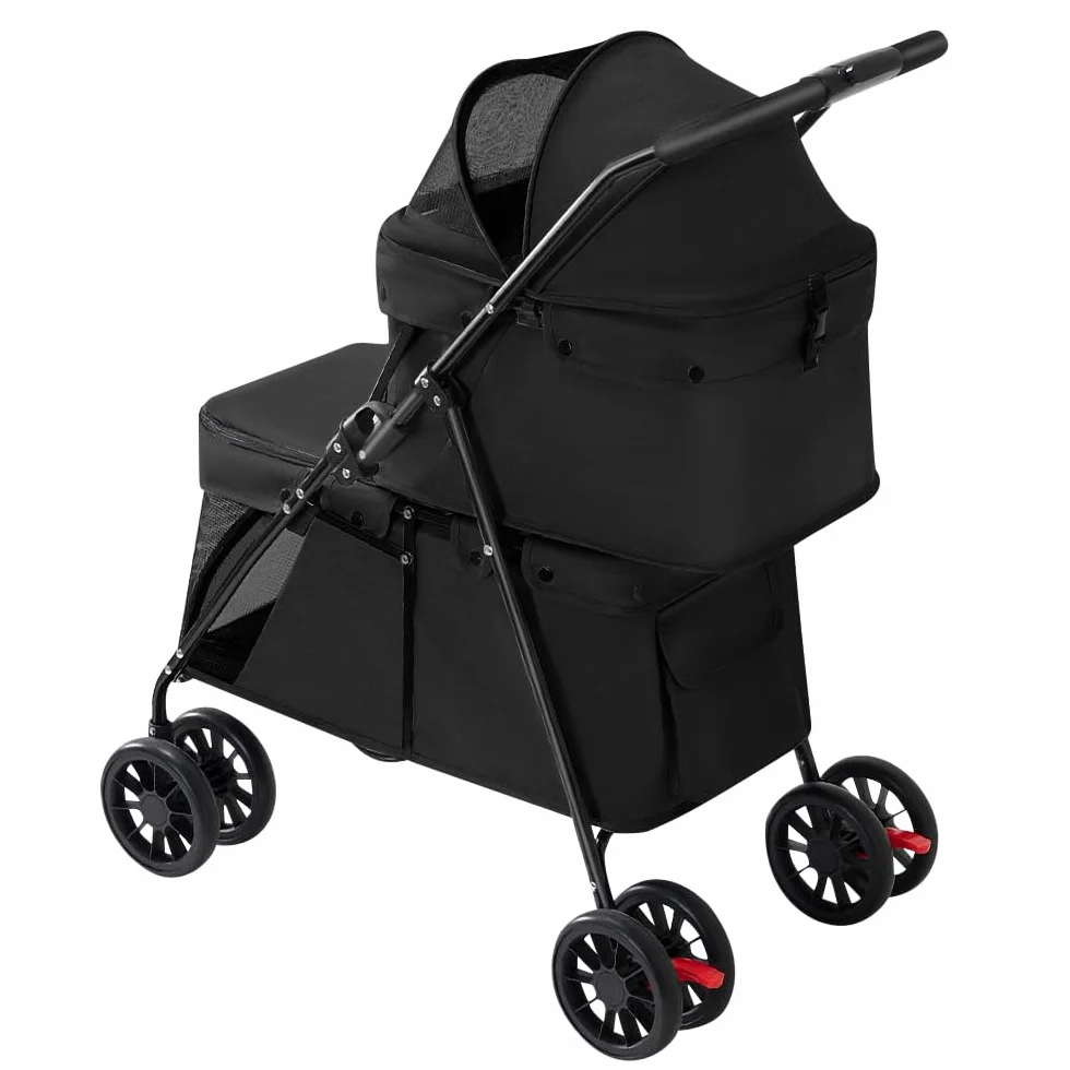 Passeggino a doppio strato, per cani, gatti, animali, viaggi, passeggino, pieghevole, cane, gatto, a quattro ruote, carrello, carrozzina, passeggino, passeggino, Buggy-67 x 50 x 95 cm, nero