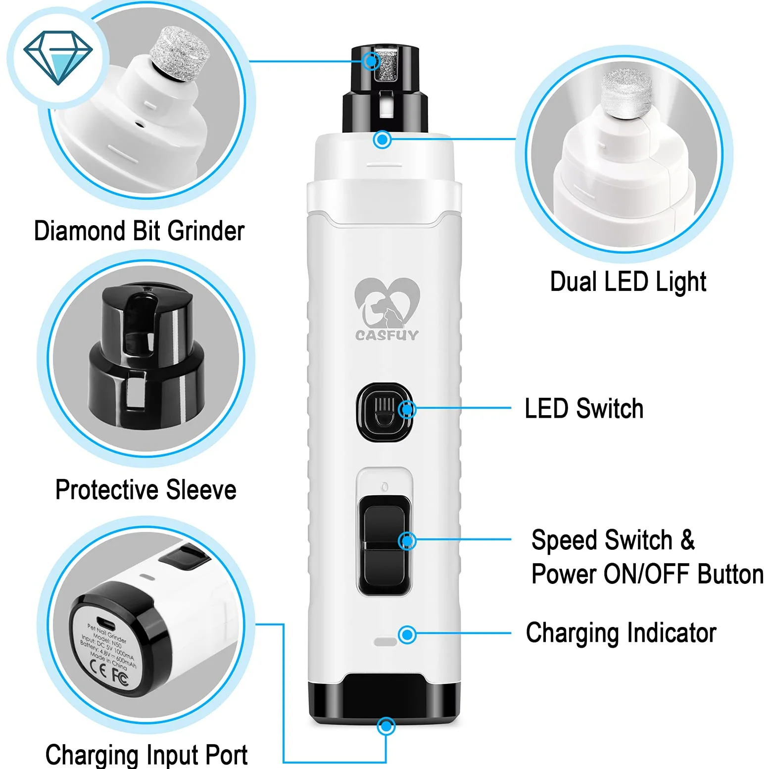 Casfuy Lima Unghie Cani - Tagliaunghie per Cani Elettrico con 2 luci LED Ricaricabile Silenziose con Vibrazioni Ridotte a 2 velocità Professionale per Cani e Gatti di Taglia Piccola Media e Grande