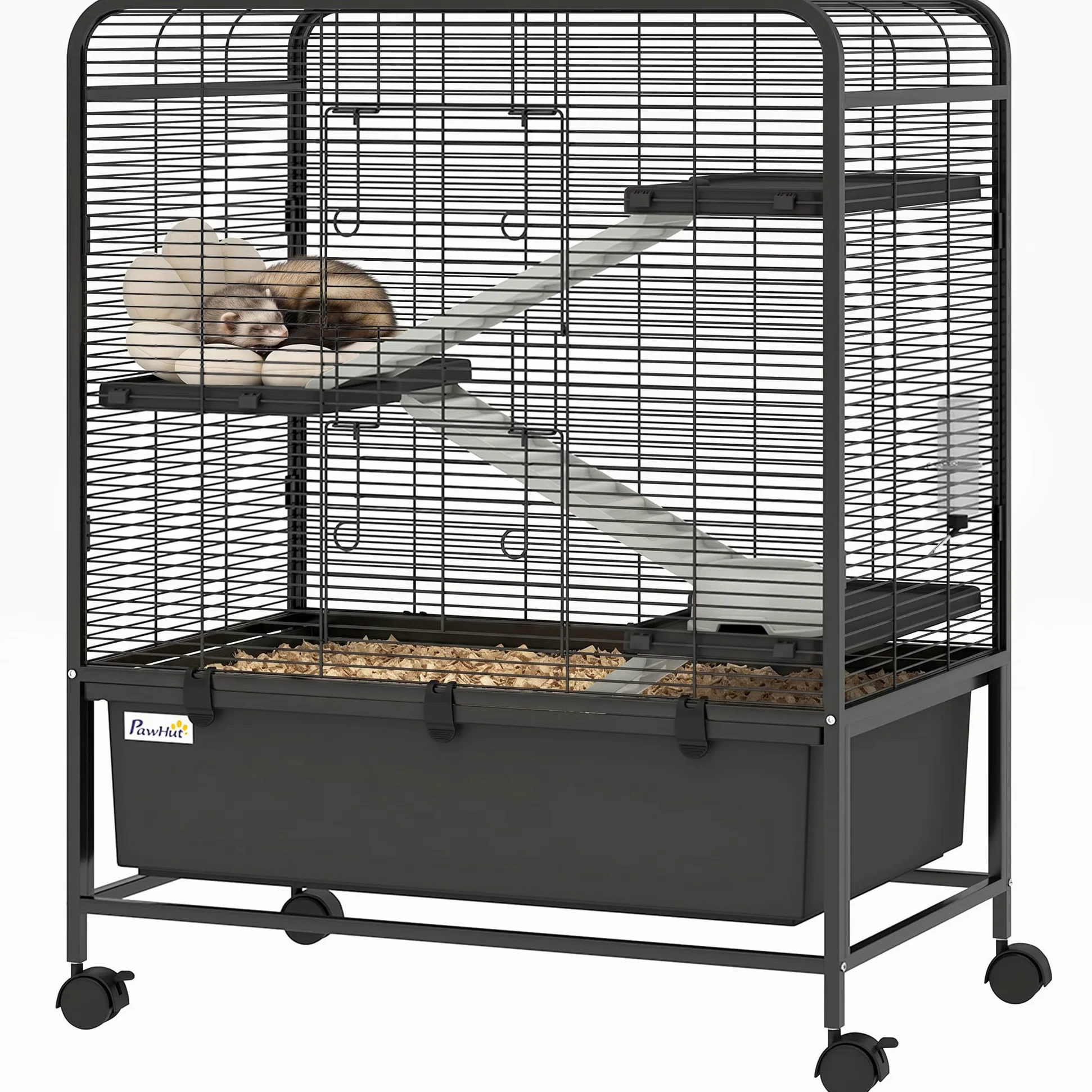 PawHut Gabbia per Conigli in Acciaio a 4 Livelli con Piattaforme, Rampe, Ruote, Serbatoio Acqua, Ciotola e Vassoio Rimovibile, Gabbietta per Criceti, Porcellini d'India, Furetti, 75x46x94.5 cm, Nero