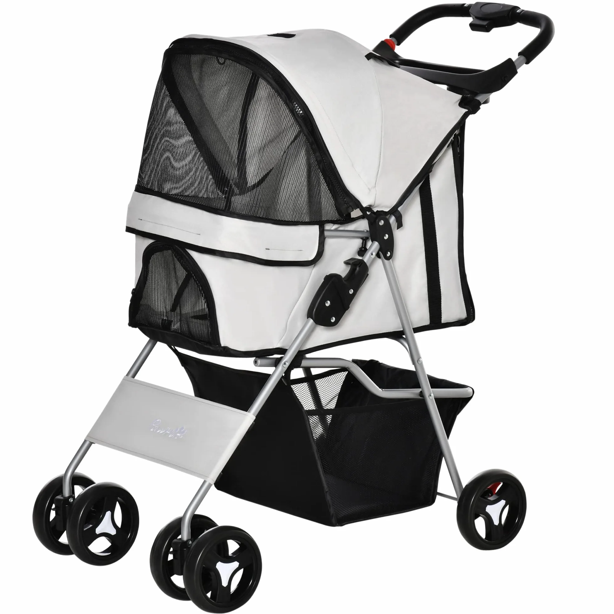 PawHut Passeggino per Cani Piccoli Pieghevole, Carrozzina per Cani con Ruote con Freni, Portabicchieri, Cestino Portaoggetti, 3 Finestre e Ruote Anteriori a 360°, per Animali Domestici 10 kg, Grigio