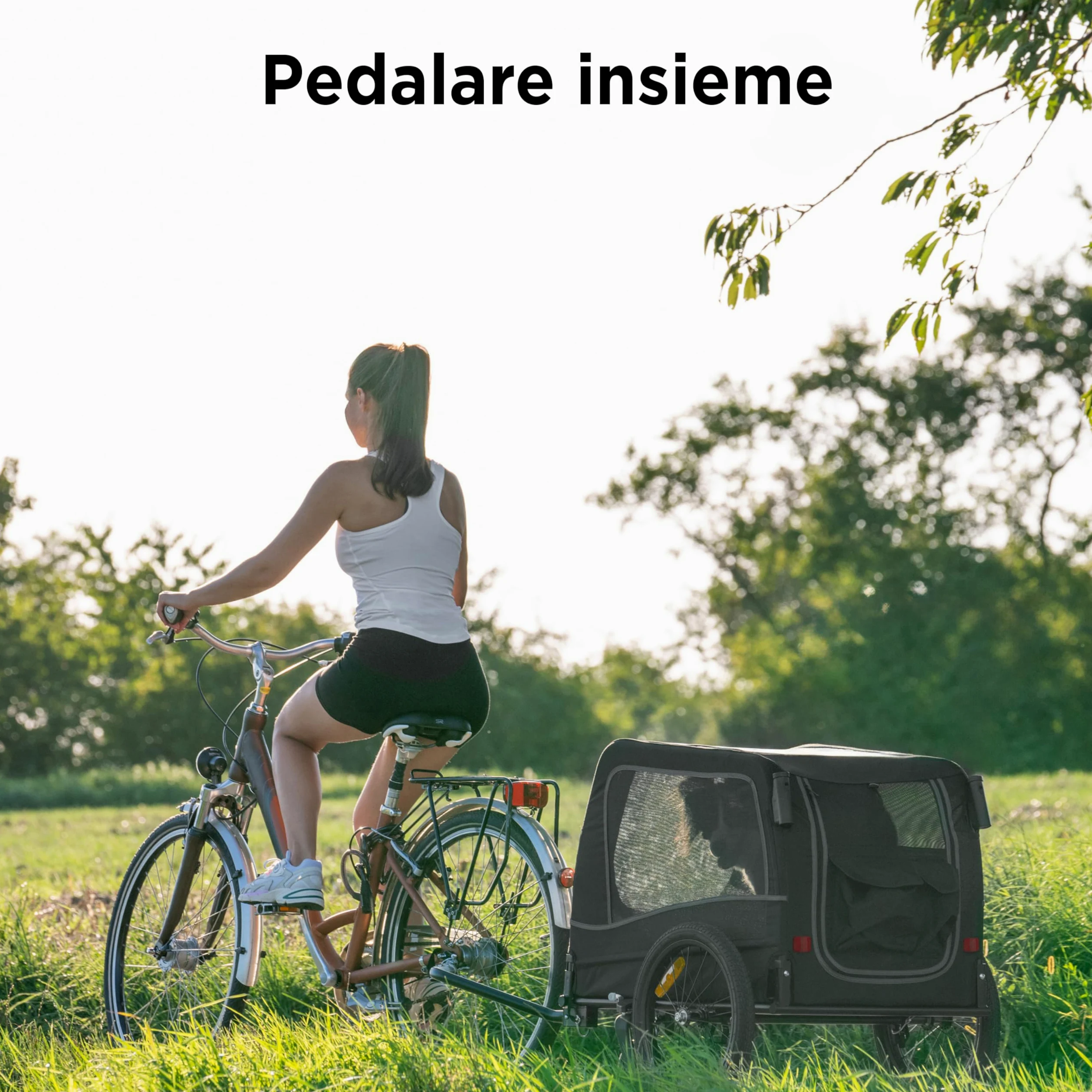 Rimorchio Bici Cani 2 in 1 – Carrello e Passeggino Pieghevole con Cuscino per Cani fino a 30 kg – Con Attacco, Bandierina, Compatibile con Bici Elettriche – Nero