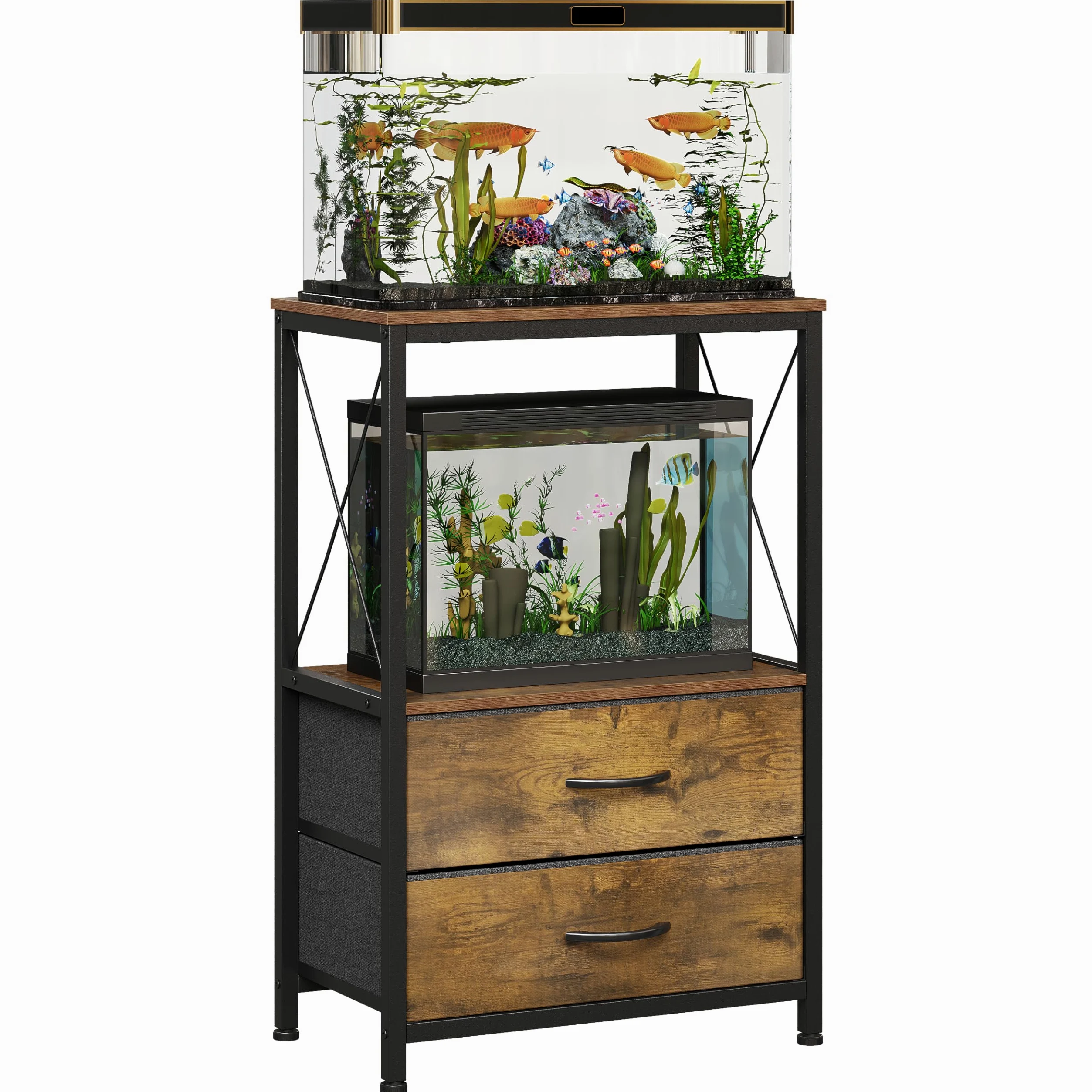 Supporto per acquario, 38 l, con 2 cassetti, per acquario, per 40 l, per pesci e tartarughe e rettili, 2 piani, colore marrone rustico