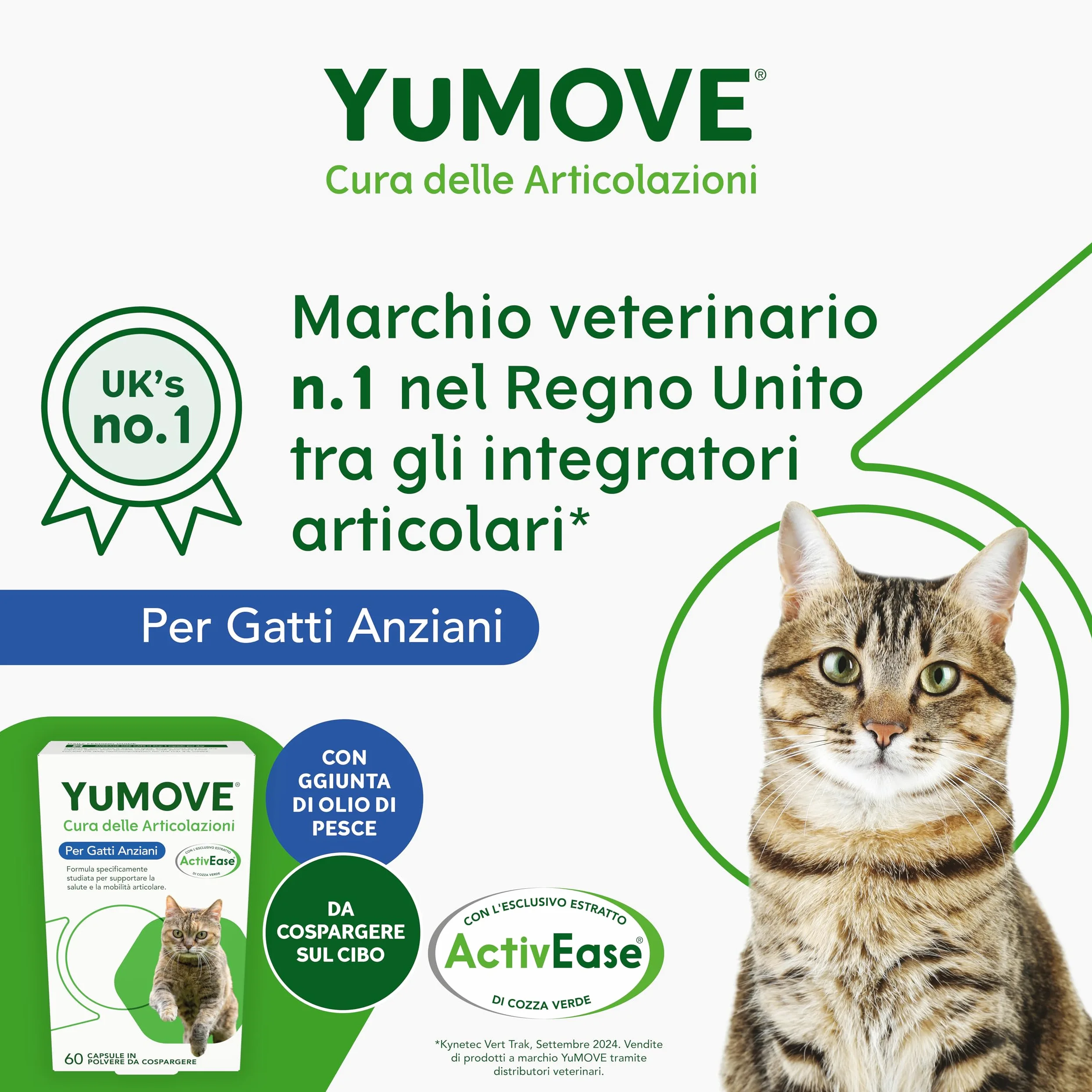 YuMOVE Integratore Articolazioni Gatti 8+ Anni - 60 Capsule Da Spolverare - In Attesa di Brevetto 100mg di Cozza Verde ActivEase per Capsule - Joint Care Gatti Articolazioni Glucosamina & Condoitina