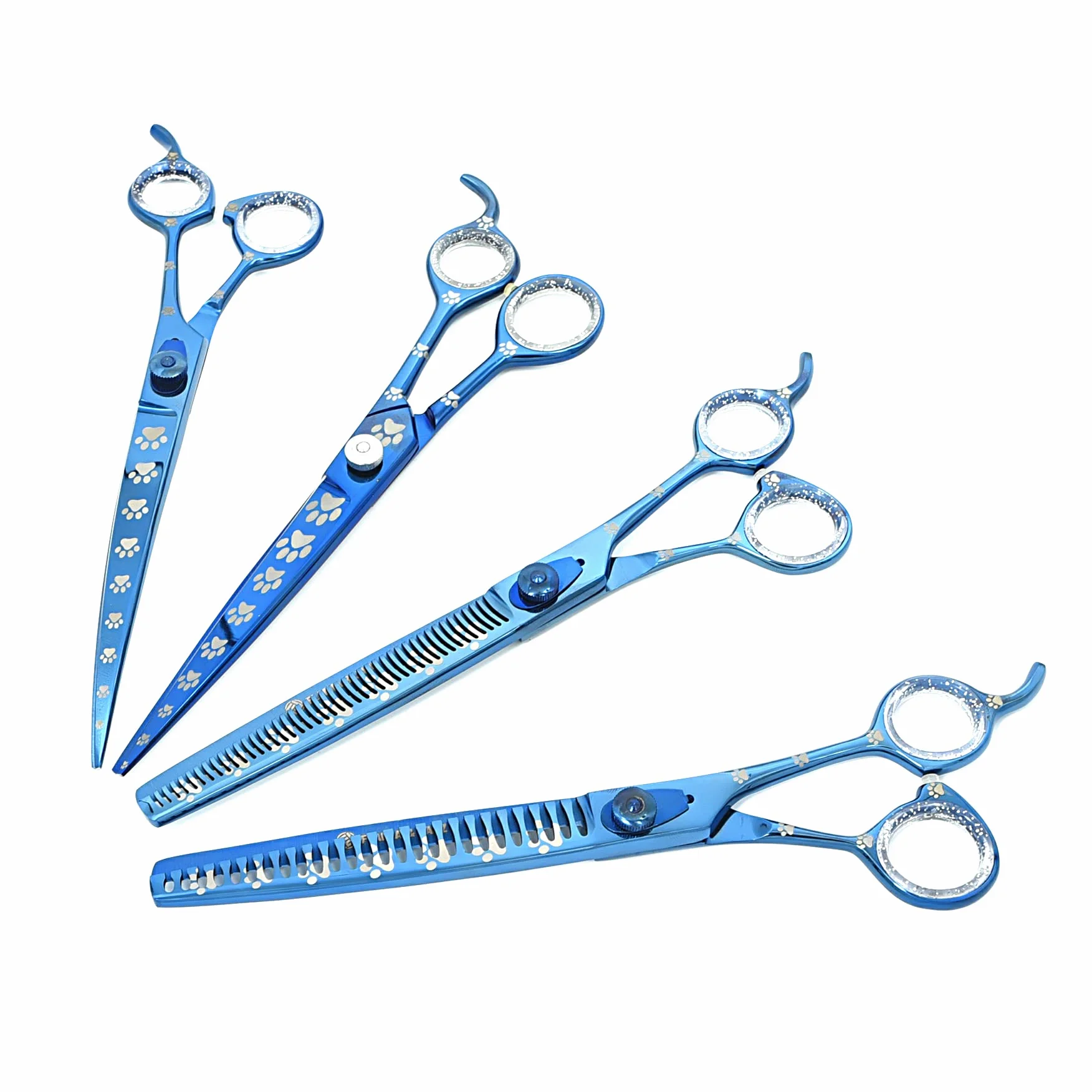 Set di forbici professionali per la toelettatura del cane, dritte, curve, diluenti/frullatore e chunker con impronte di zampe per cani, blu, acciaio inossidabile 20.5 cm)
