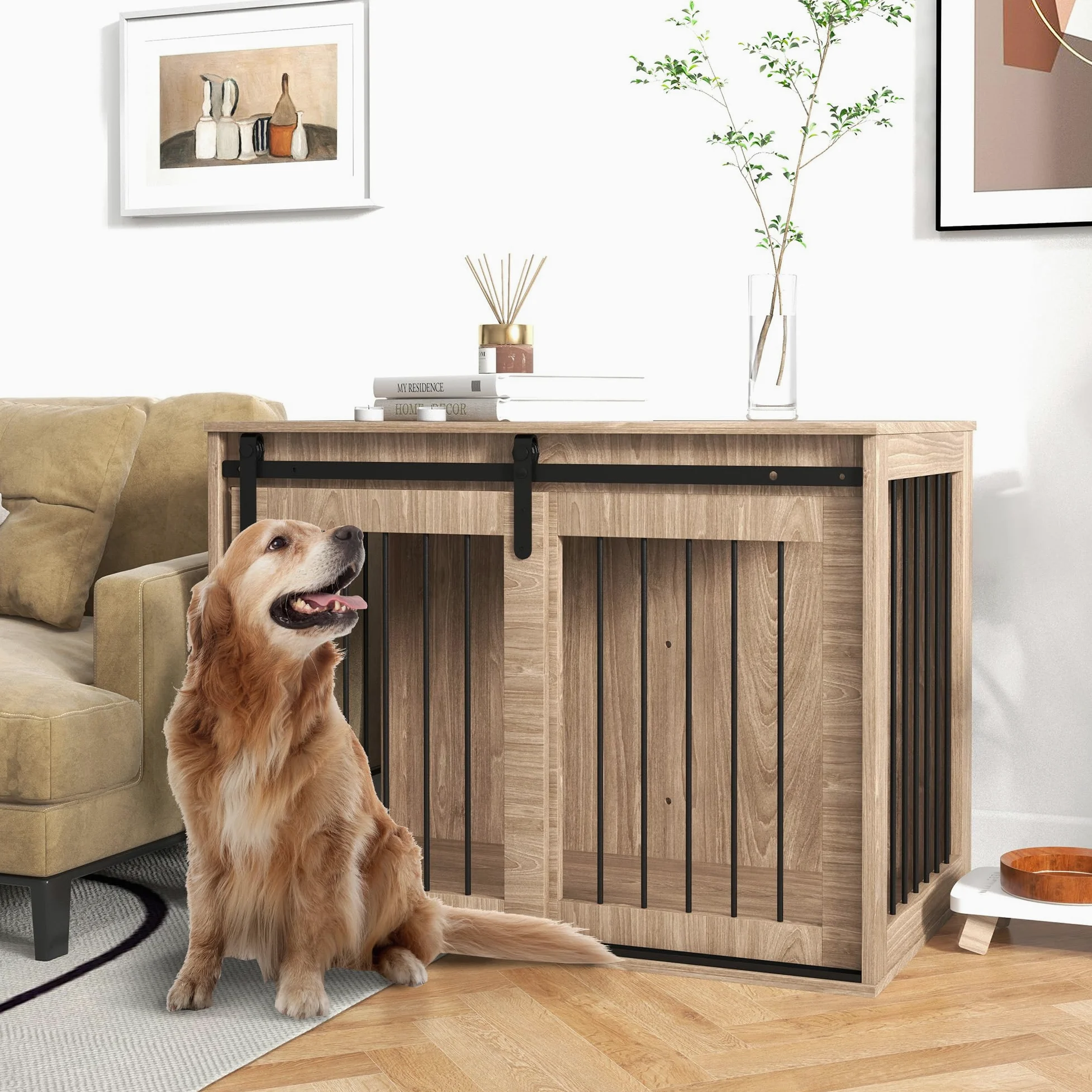 PawHut Casetta per Cani Grandi in Legno per Interno, Kennel per Cani Multiuso con Porta Scorrevole, 98x58x61 cm, Marrone