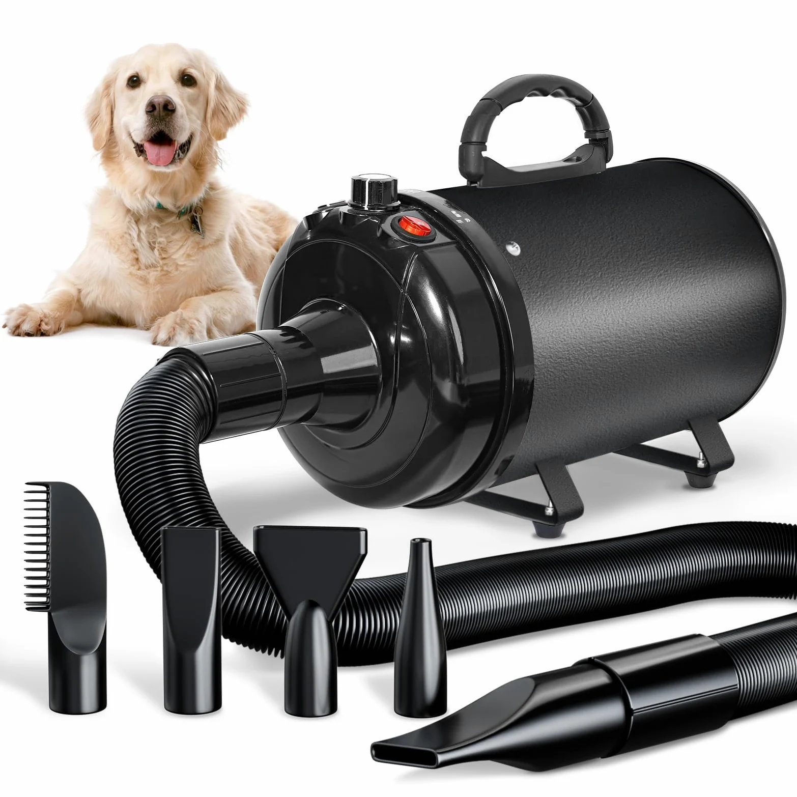 Soffiatore per Cani 3000W Blower Molto Silenzioso velocità Regolabile, Ventilatore per la Cura del Cane con 4 Diversi ugelli e Tubo Elastico