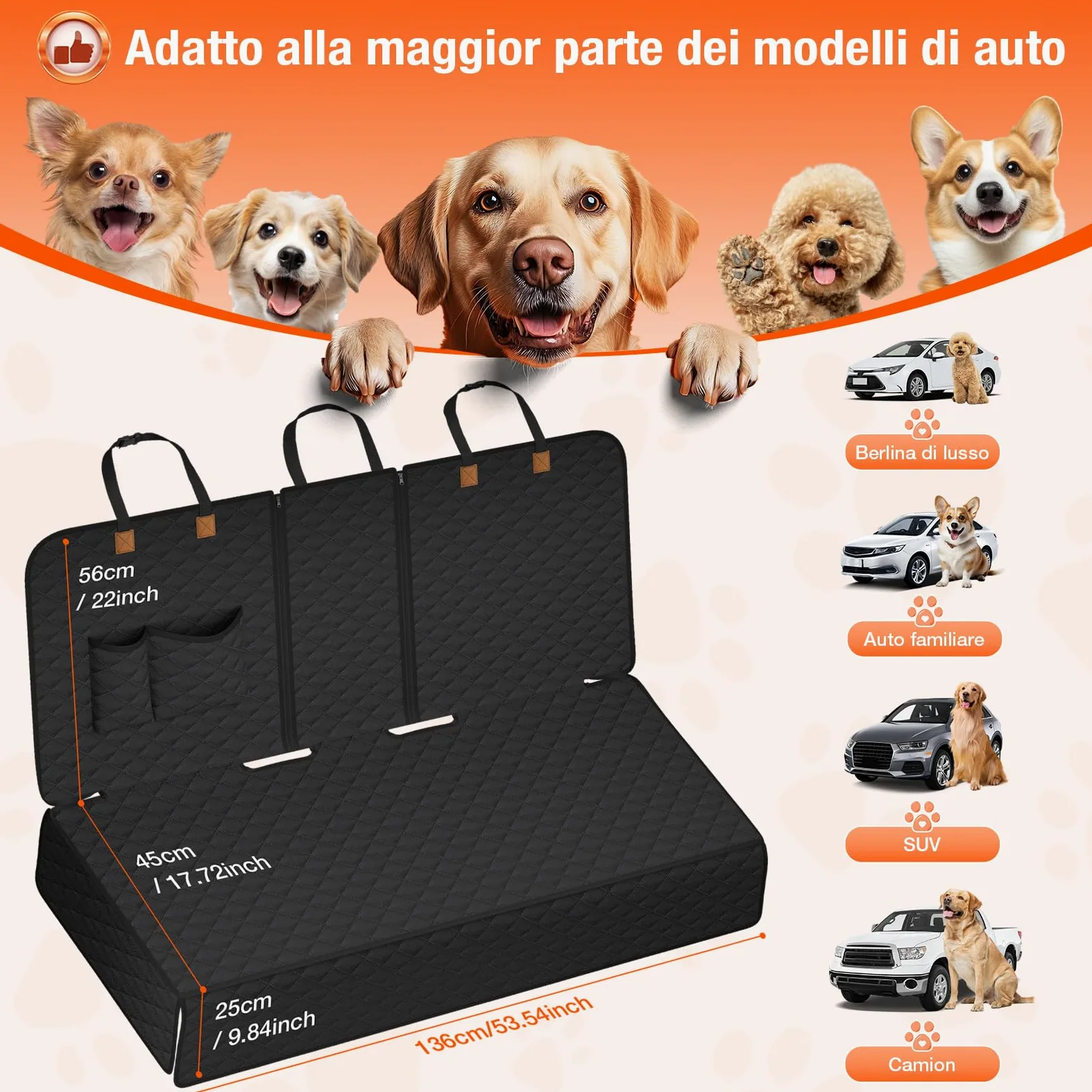 Coprisedile Auto per Aani Sedile Posteriore Dell'Auto, Antiscivolo, Impermeabile, 136 x 45 cm, Antigraffio, con Isofix, Compatibile con La Maggior Parte Delle Auto, SUV e Camion (Nero)