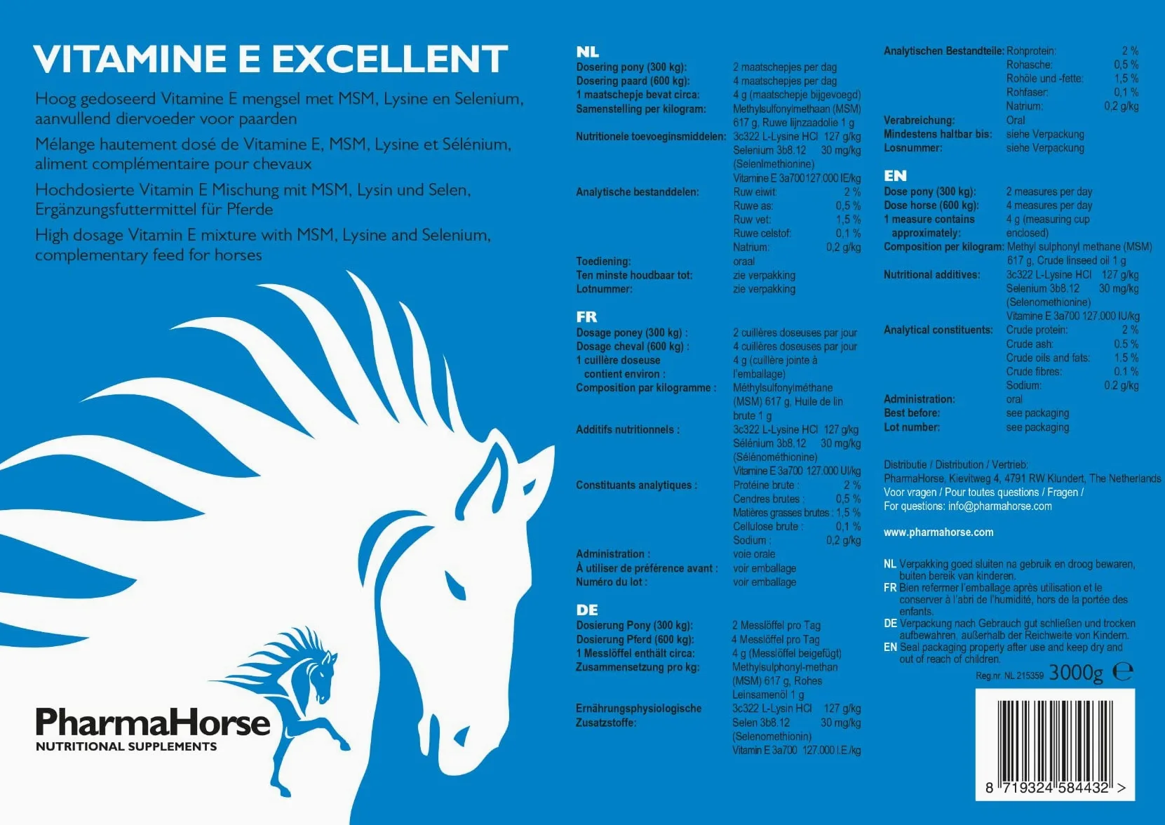 PharmaHorse Vitamina E Eccellente | Sistema Immunitario Naturale | con Selenio | Alto Dosaggio | 3000 Grammi