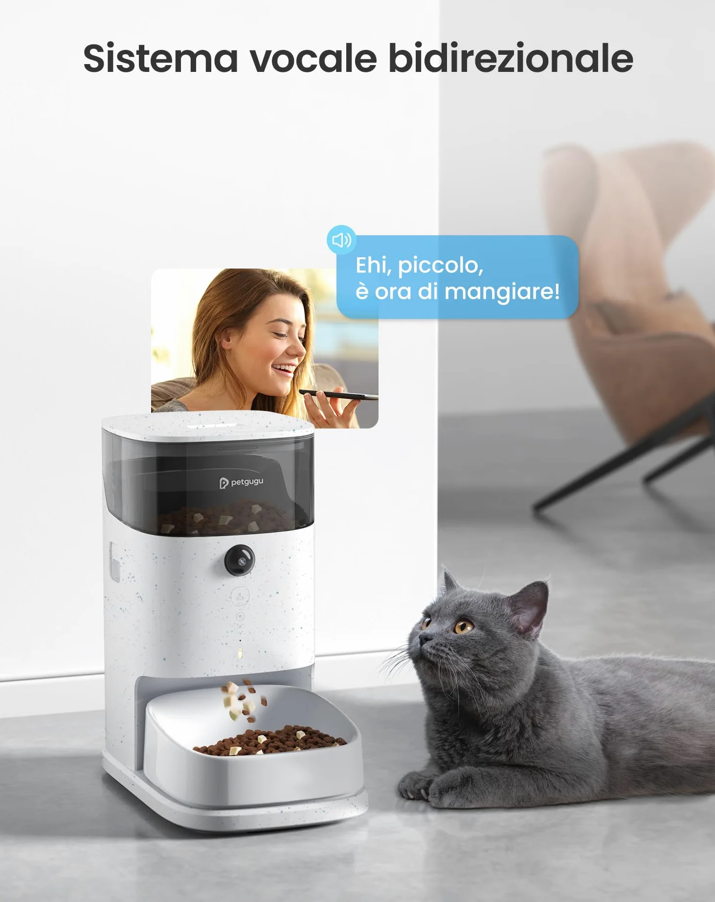 PETGUGU Distributore Automatico Cibo Gatti, Dispenser Crocchette Gatto con Timer, Distributore Smart con Controllo APP e Interazione Video/Voce, Ciotole in Ceramica Rimovibili per Gatti e Cani, PF2