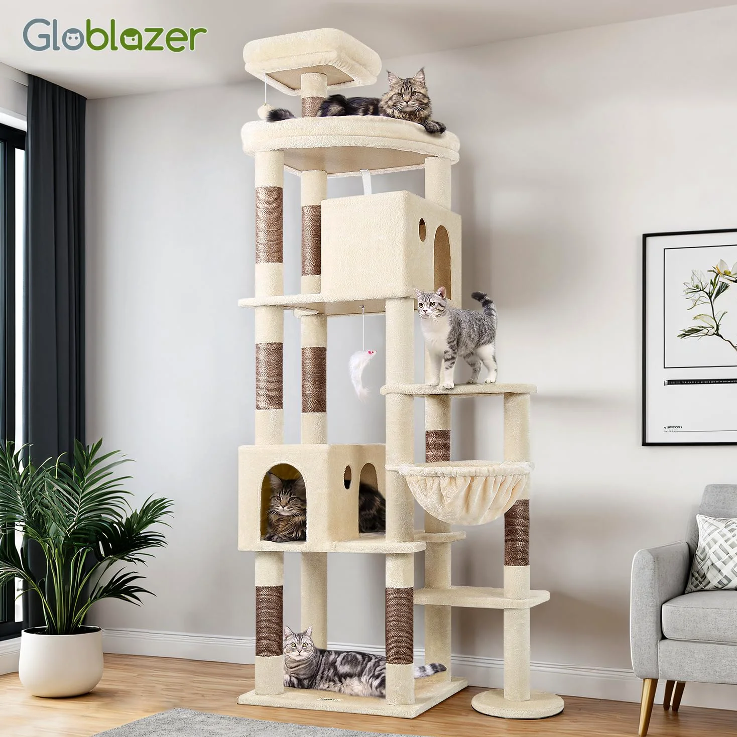 Globlazer Tiragraffi Beige XXL per Gatti Adulti Alto 213 cm con Grandi Piattaforma 55cm*45cm, 2 Grotta, Posatoi, Cesto, Albero Tiragraffi Stabile per Multipli Gatti Grandi Interno (F83, Beige)