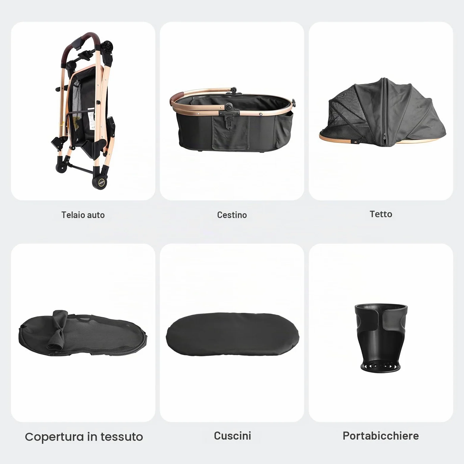 Passeggino per Cani 4 in 1 fino 25 Kg,Telaio in alluminio anodizzato 100% pieghevole,ruote gomma schiumosa 360°,Staccabili,adatto per cani e gatti di medie e piccole taglie, Marrone