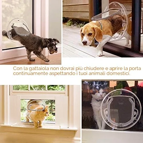 Gattaiola per vetro Porta Basculante per Gatti e Cani Grande Porta Gattaiola per vetro con 4 possibilità di bloccaggio (Rotonda Trasparente)