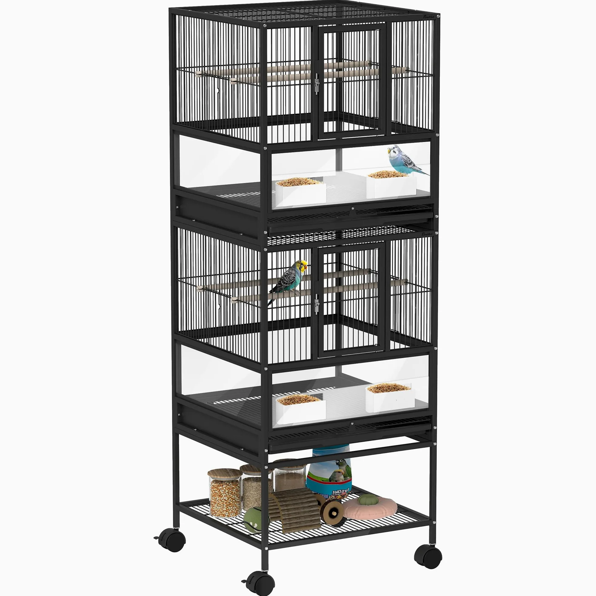 Pawhut Gabbia per uccelli grande gabbia a 2 livelli con ruote pannelli acrilici mangiatoie appendiabiti scaffale vassoi estraibili voliera per pappagalli Canarini 48 x 46 x 134,5 cm nero
