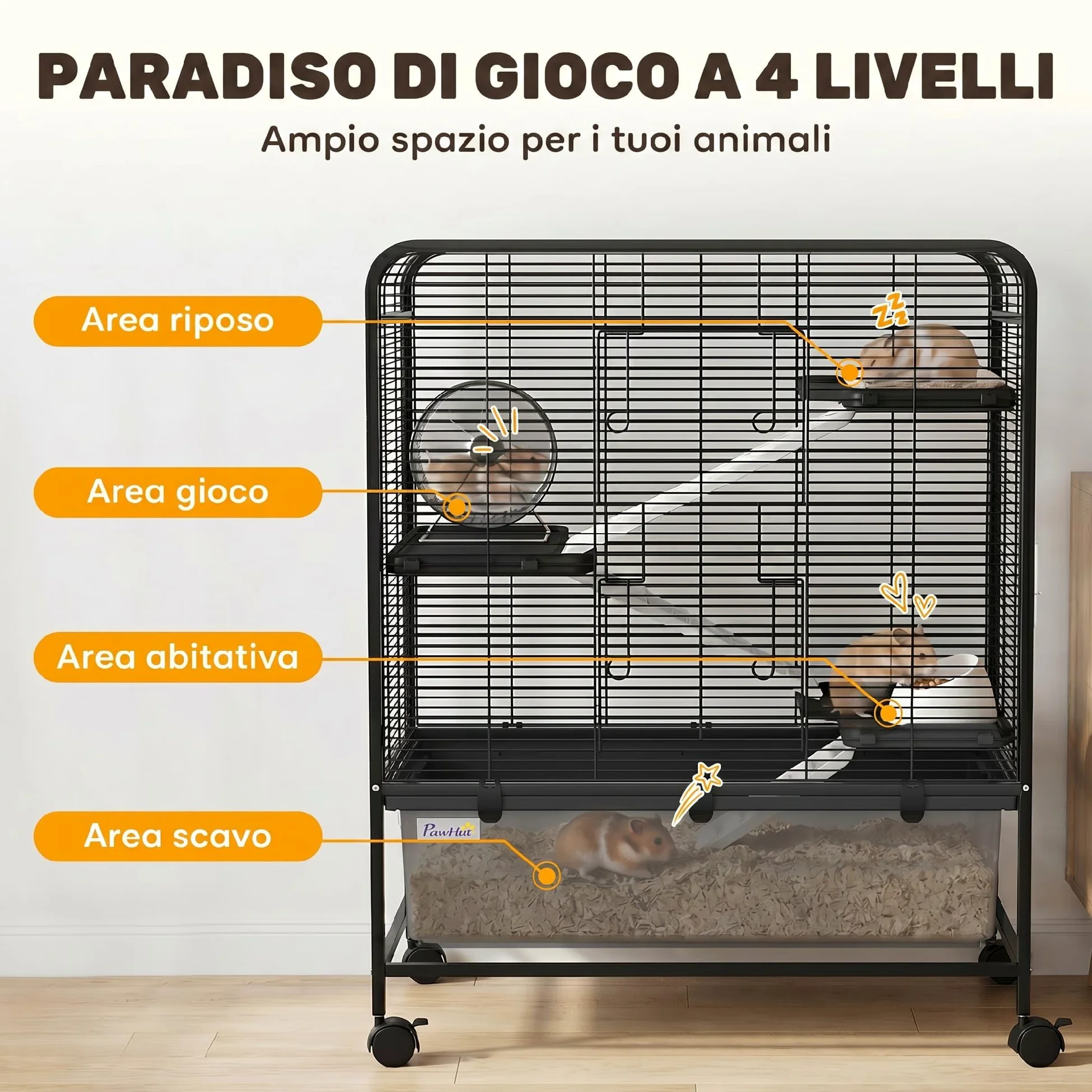 PawHut Gabbia per Conigli in Acciaio a 4 Livelli con Piattaforme, Rampe, Ruote, Serbatoio Acqua, Ciotola e Vassoio Rimovibile, Gabbietta per Criceti, Porcellini d'India, Furetti, 75x46x94.5 cm, Nero