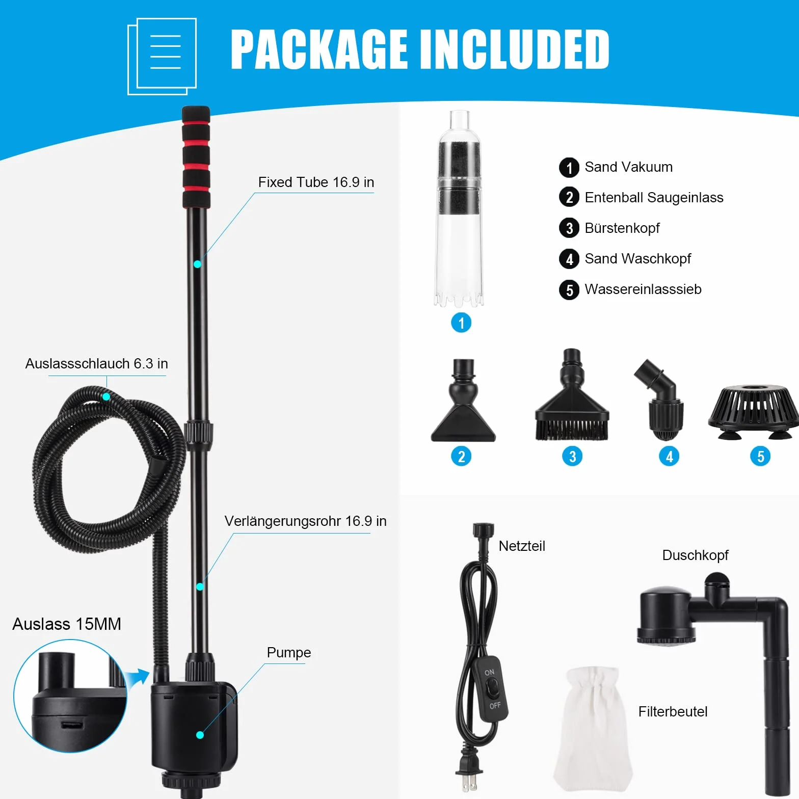 AQQA 6 in 1Elettrico Detergente per Ghiaia dell'acquario,aspirapolvere per sifone per acquario per assorbire lo sporco,Filtro Acqua Doccia,Kit di Pulizia Multifunzione
