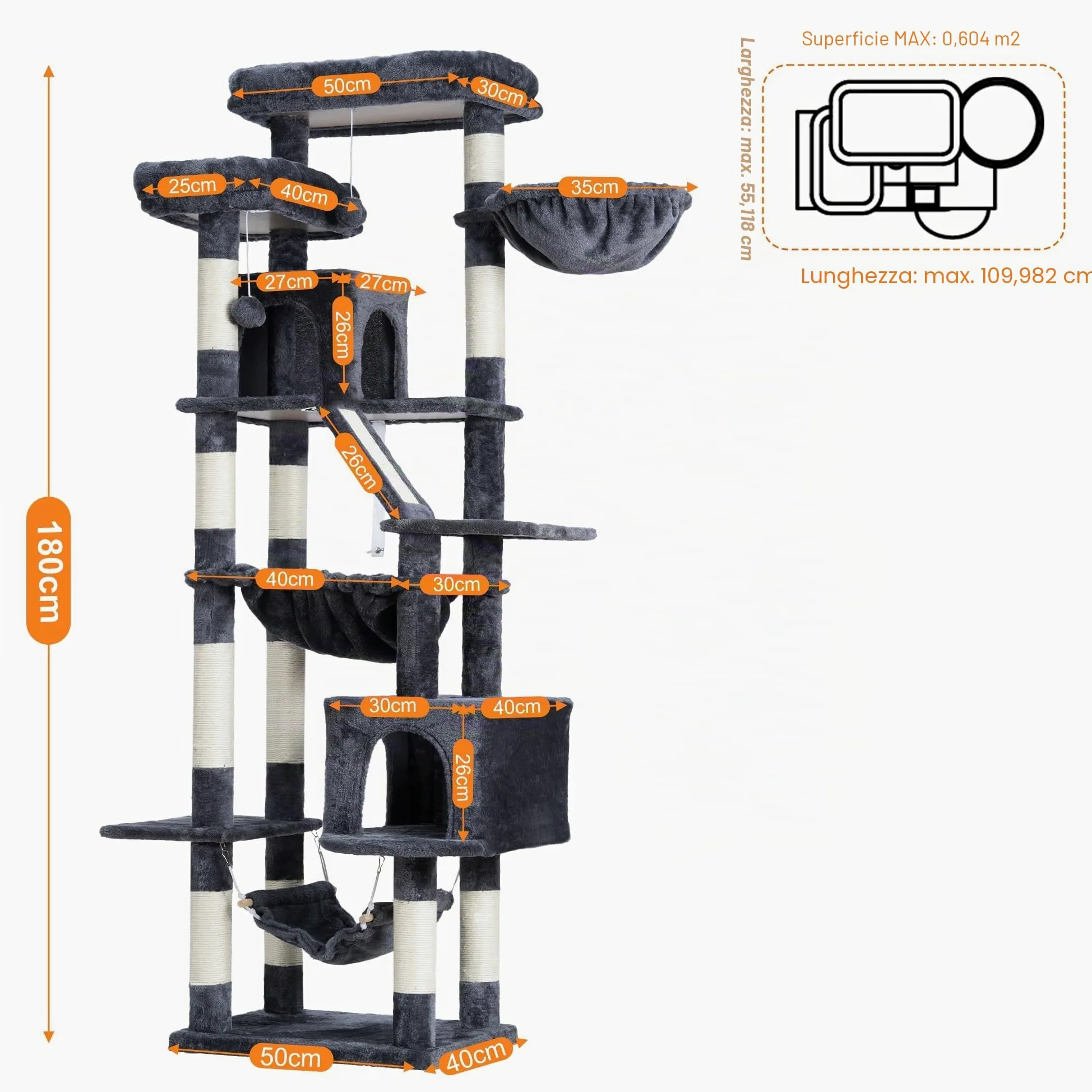 Heybly Albero Per Gatti, Torre 180 cm, 2 Piattaforme, 2 Capanne, 2 Amache, Pannello Per Sgualabocche. Grande Mobile Per Gatti Con Spazio Dormire, Grigio Fumo HCT034G