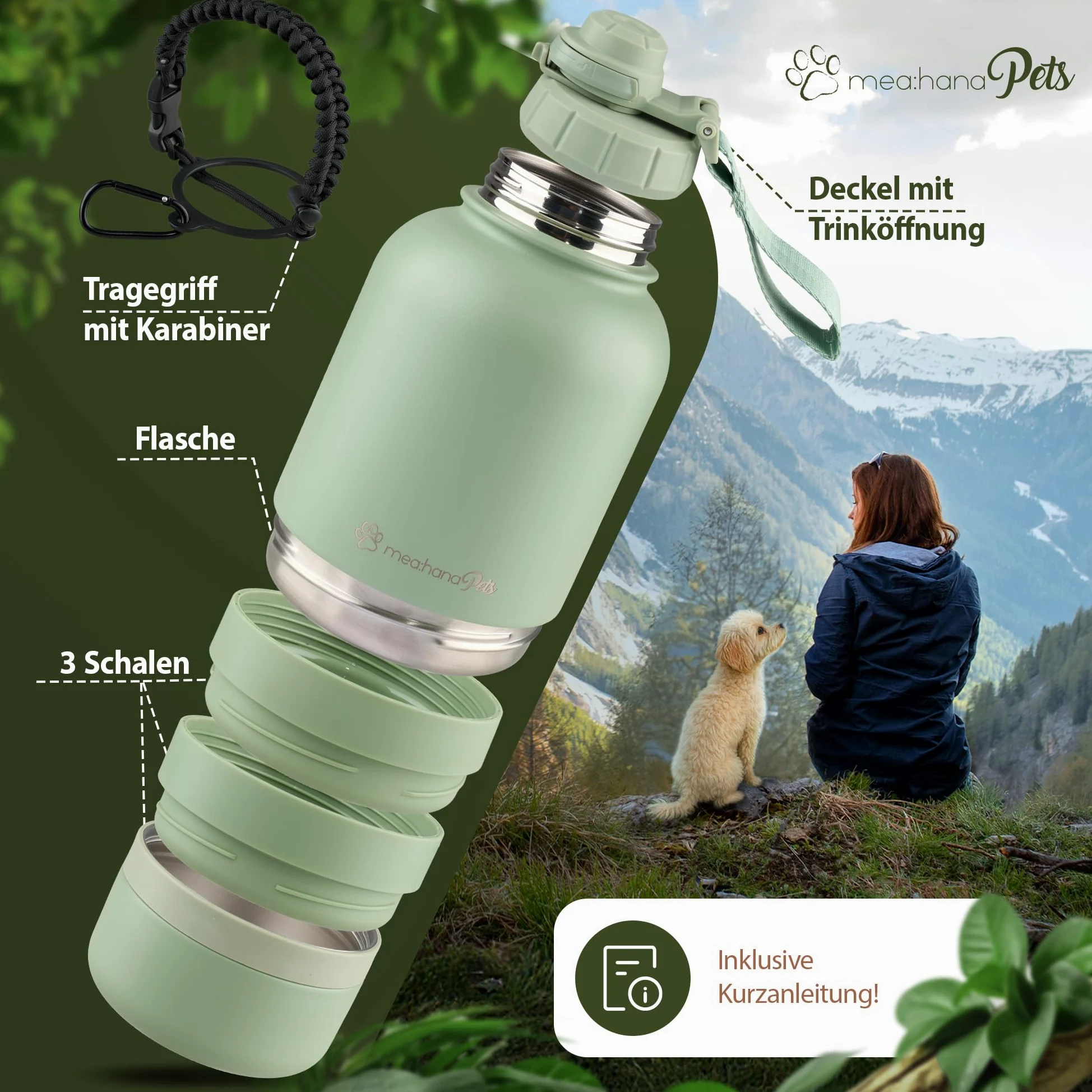 Pets - Borraccia per cani da viaggio, 1 l, con ciotole, ideale per viaggi, esterni, in acciaio inox isolato con ciotola, accessori per cani, bottiglia per cani con contenitore per alimenti