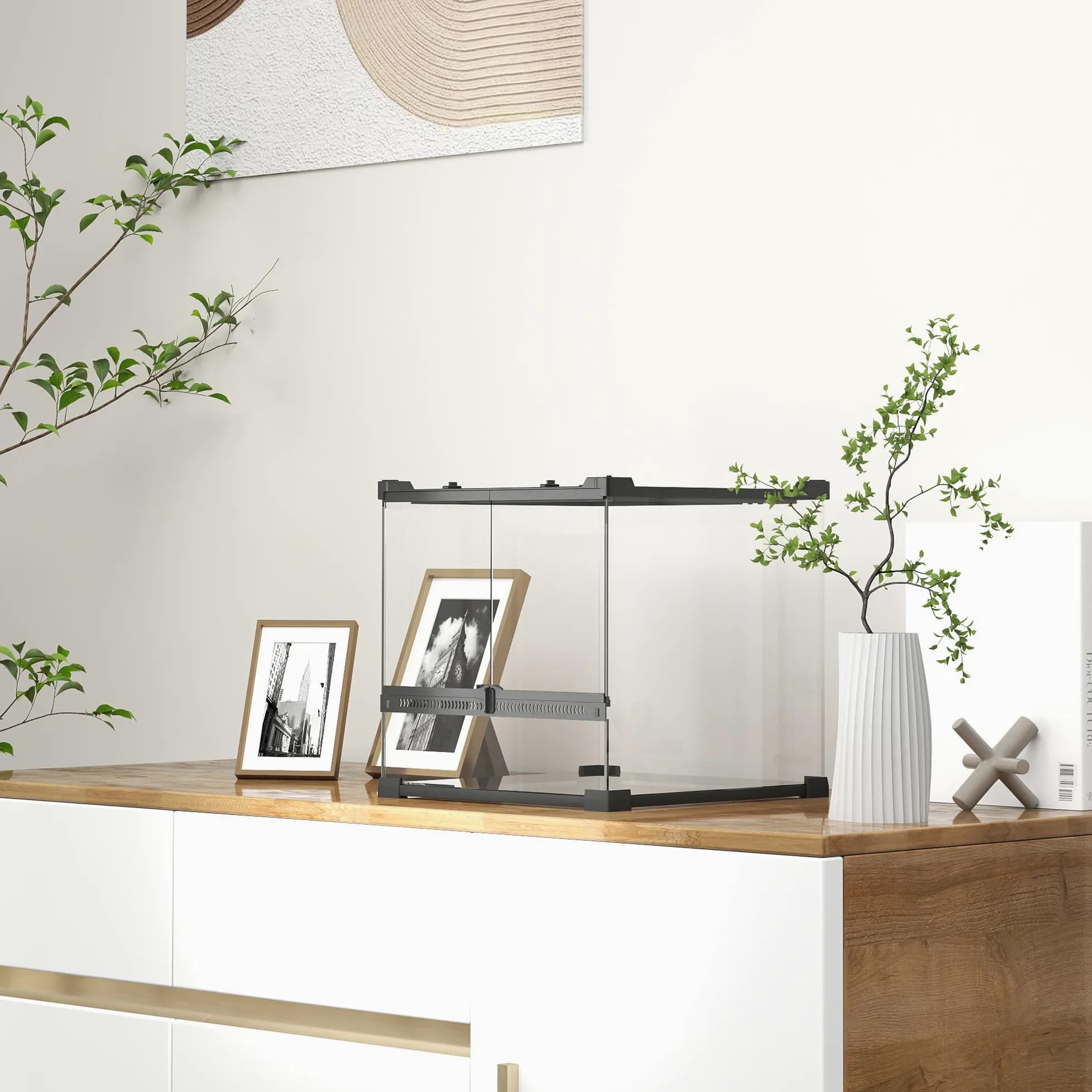 PawHut Terrario per rettili, terrario in vetro, 24 l, contenitore di alimentazione rettile, con ventilazione frontale, tappo a vite per anfibi ragno, nero, 30 x 30 x 30 x 30 cm