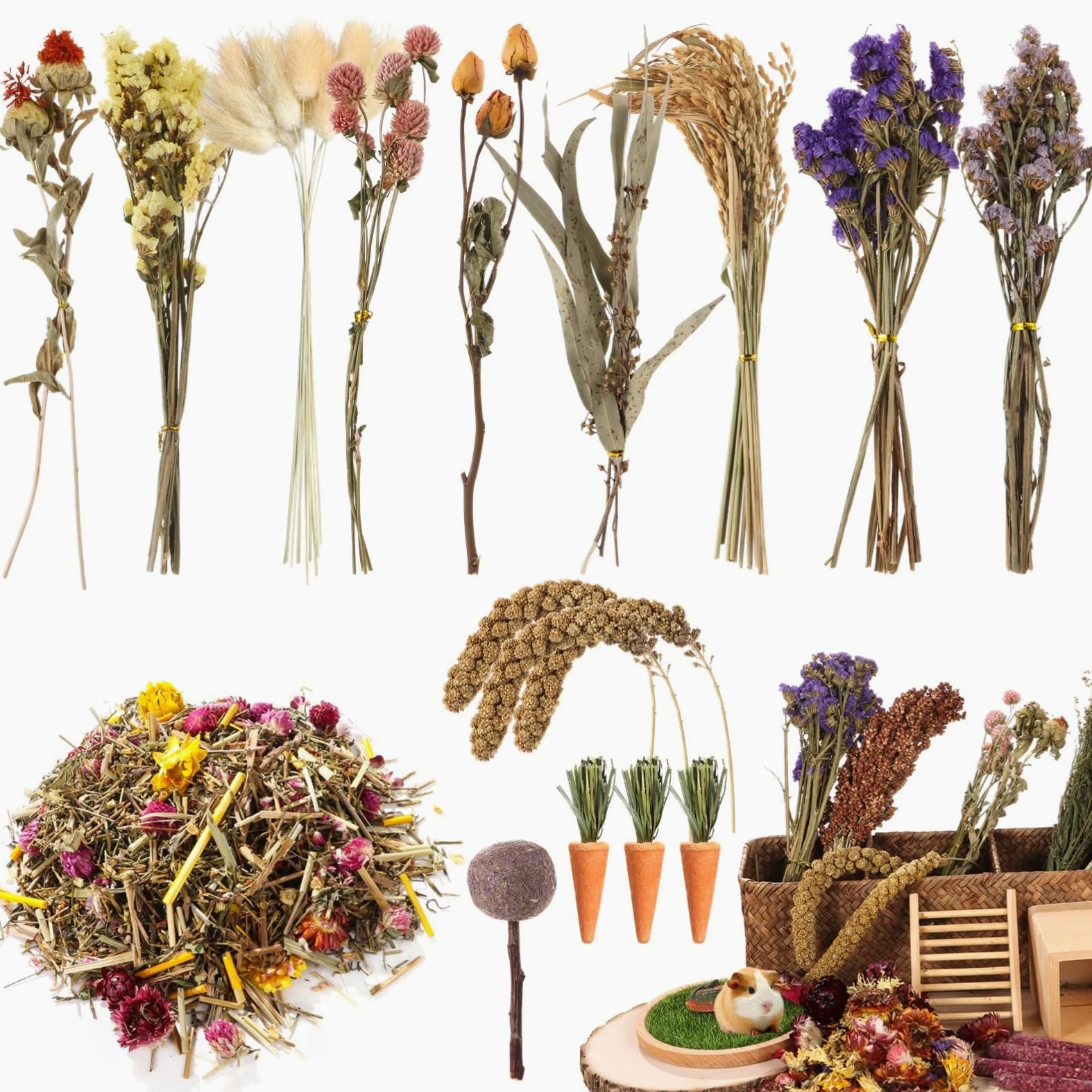 Homaisson Erbe naturali spray per criceti, decorazione per gabbia di criceti, semi di grano, fiori secchi per criceti, gerbilli siriani nani, porcellini d'India