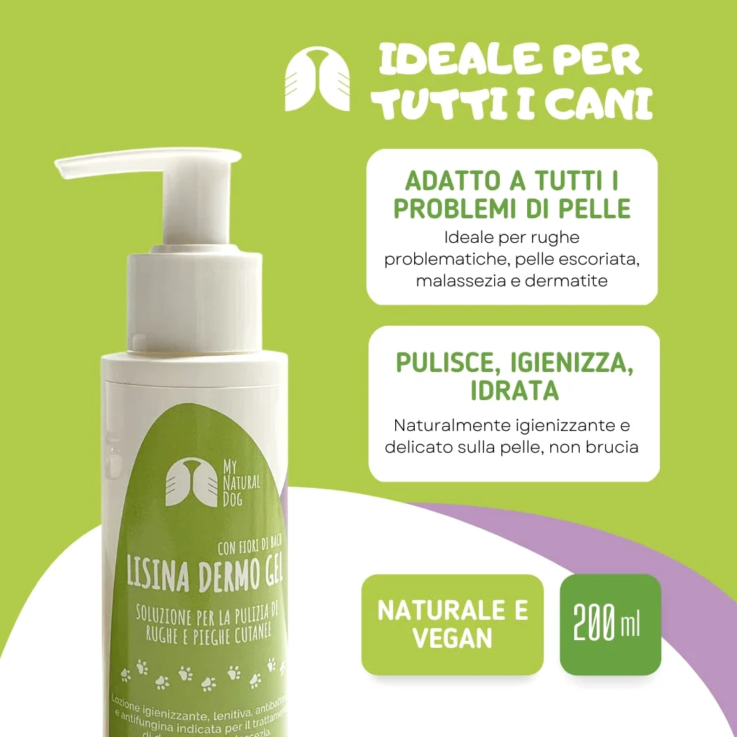 LISINA DERMO Gel - Pulizia delle Rughe e delle Pieghe cutanee del Cane - Utile in Caso di dermatite atopica e malassezia-Formula Naturale Human Grade con Oli Essenziali e Fiori di Bach
