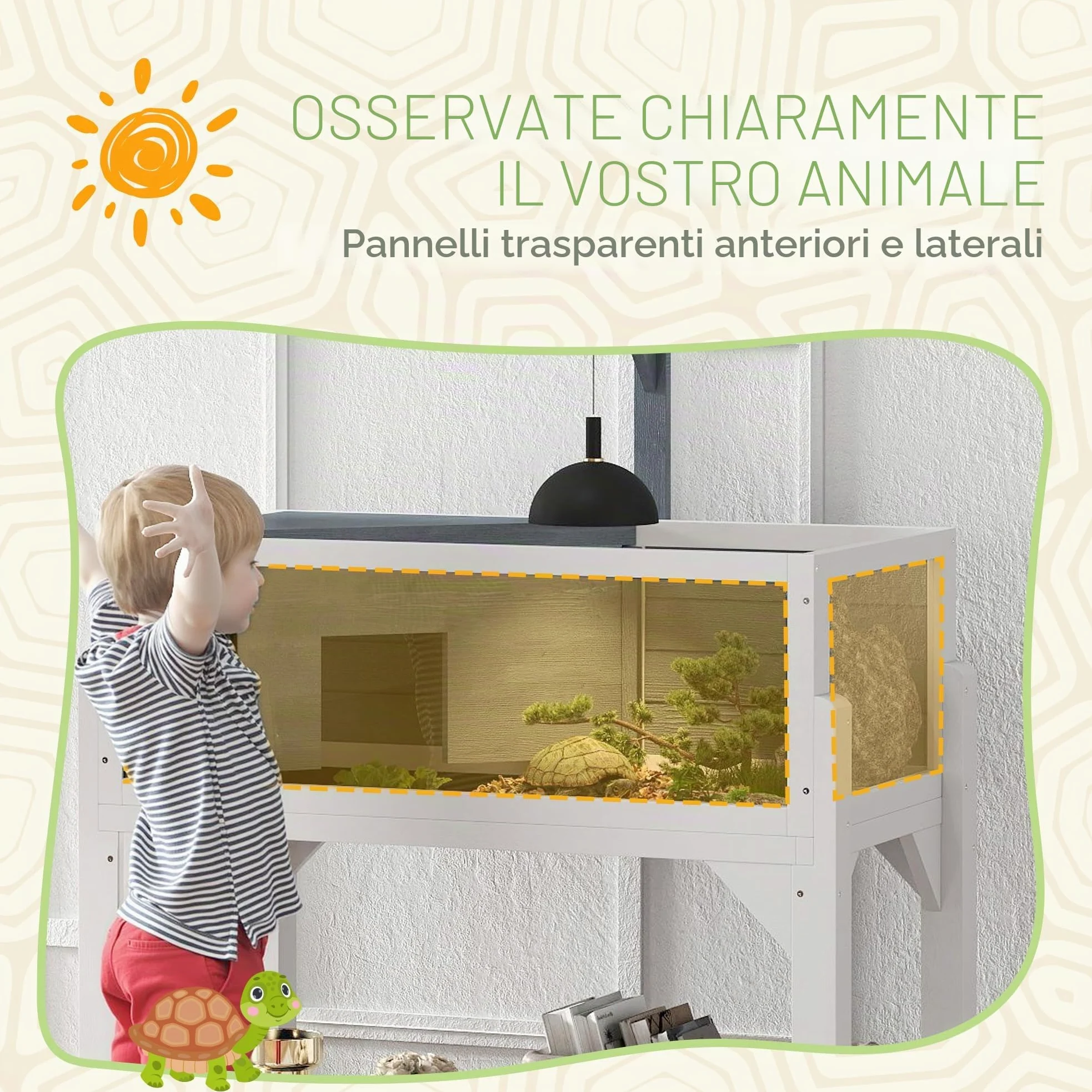 PawHut Casa per tartarughe su piedini a 2 zone - terrario per tartarughe terrestri con tetto apribile e zona interattiva - recinto 90 cm, supporto lampada, vista panoramica e ripiano - grigio