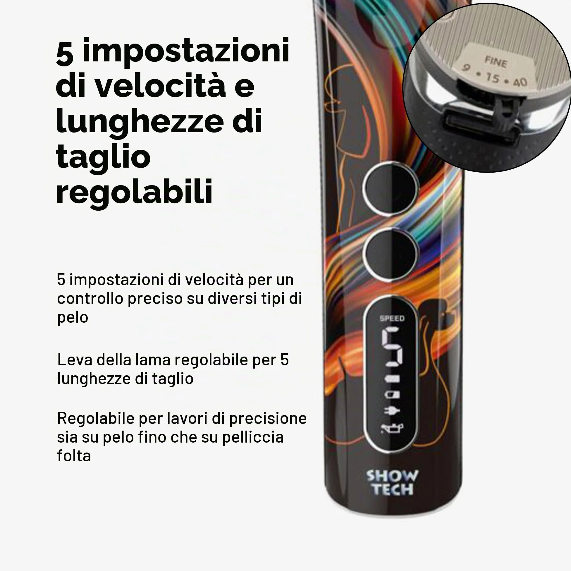 Show Tech Experto Tosatrice Professionale per Cani – Cordless con 5 Velocità (5000–7000 giri/min) – Lama in Ceramica con Rivestimento in Titanio – Display LCD, USB, Silenziosa – 0,25–2 mm