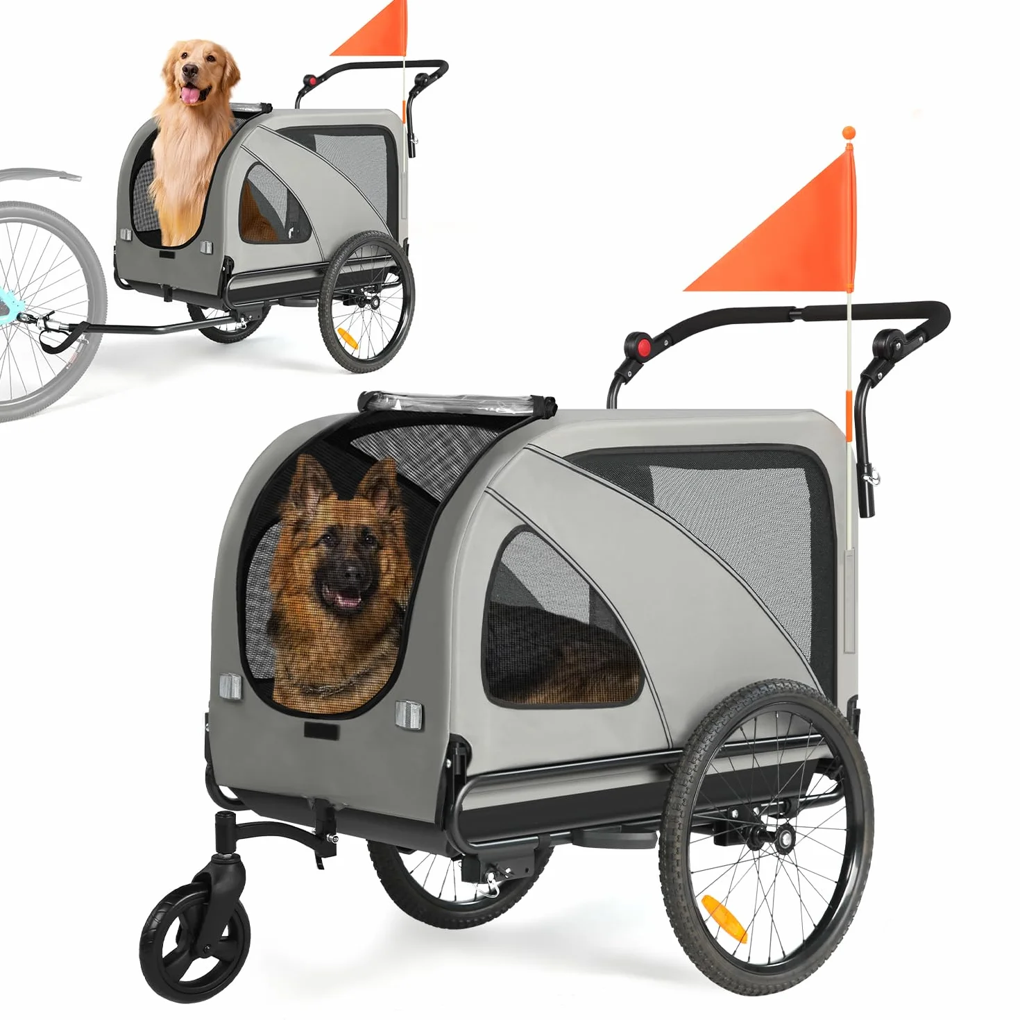 Rimorchio per bicicletta XXL 2 in 1 per cani, pieghevole, con apertura sul tetto, riflettori e strisce riflettenti, attacco universale per bicicletta, manico regolabile in altezza