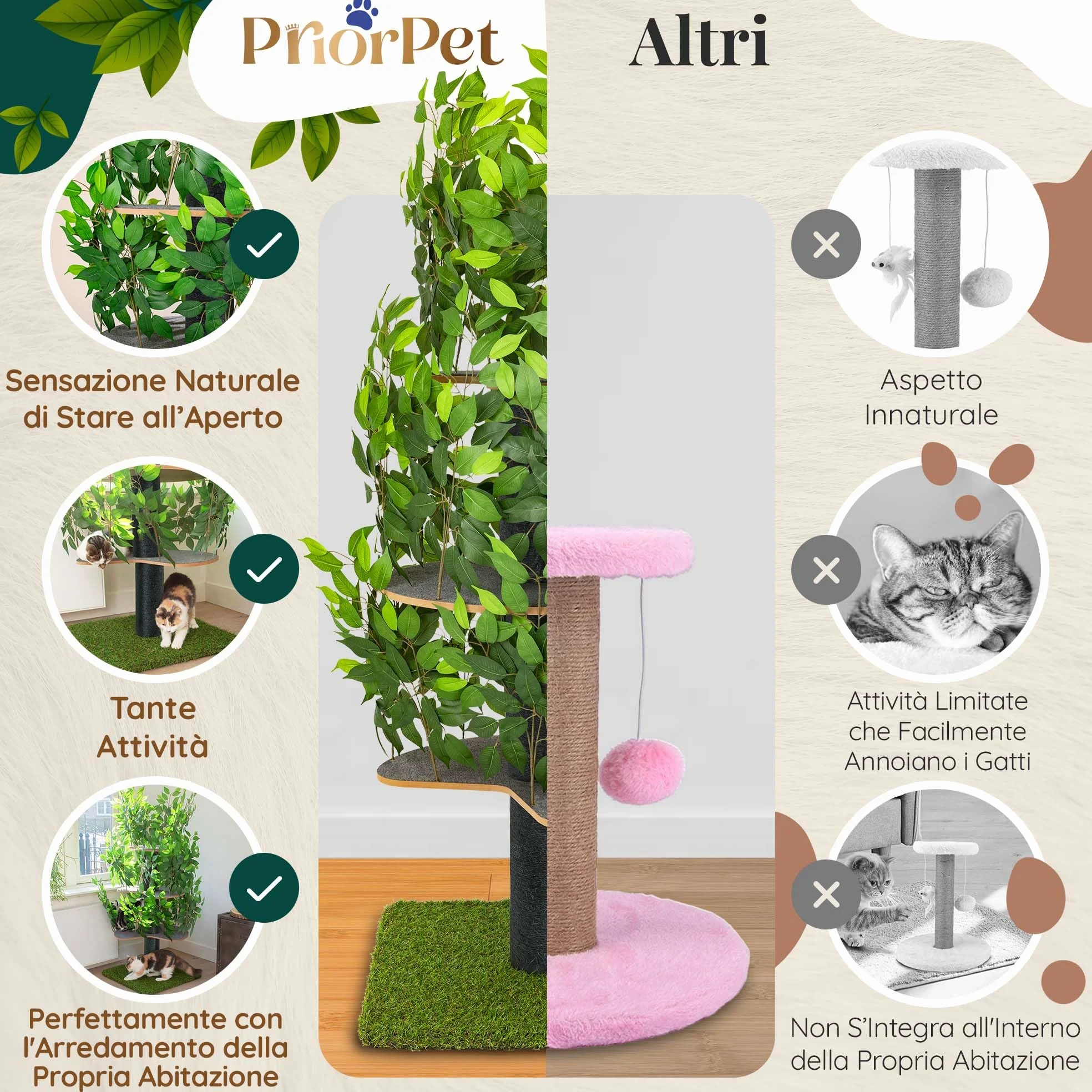 Albero per gatti con Foglie Intercambiabili - Brevettato Tiragraffi per Gatti Adulti, per Arrampicarsi Nascondersi e Dormire - Più Livelli, Facile da Montare - Tiragraffi Gatto Costruzione Robusta
