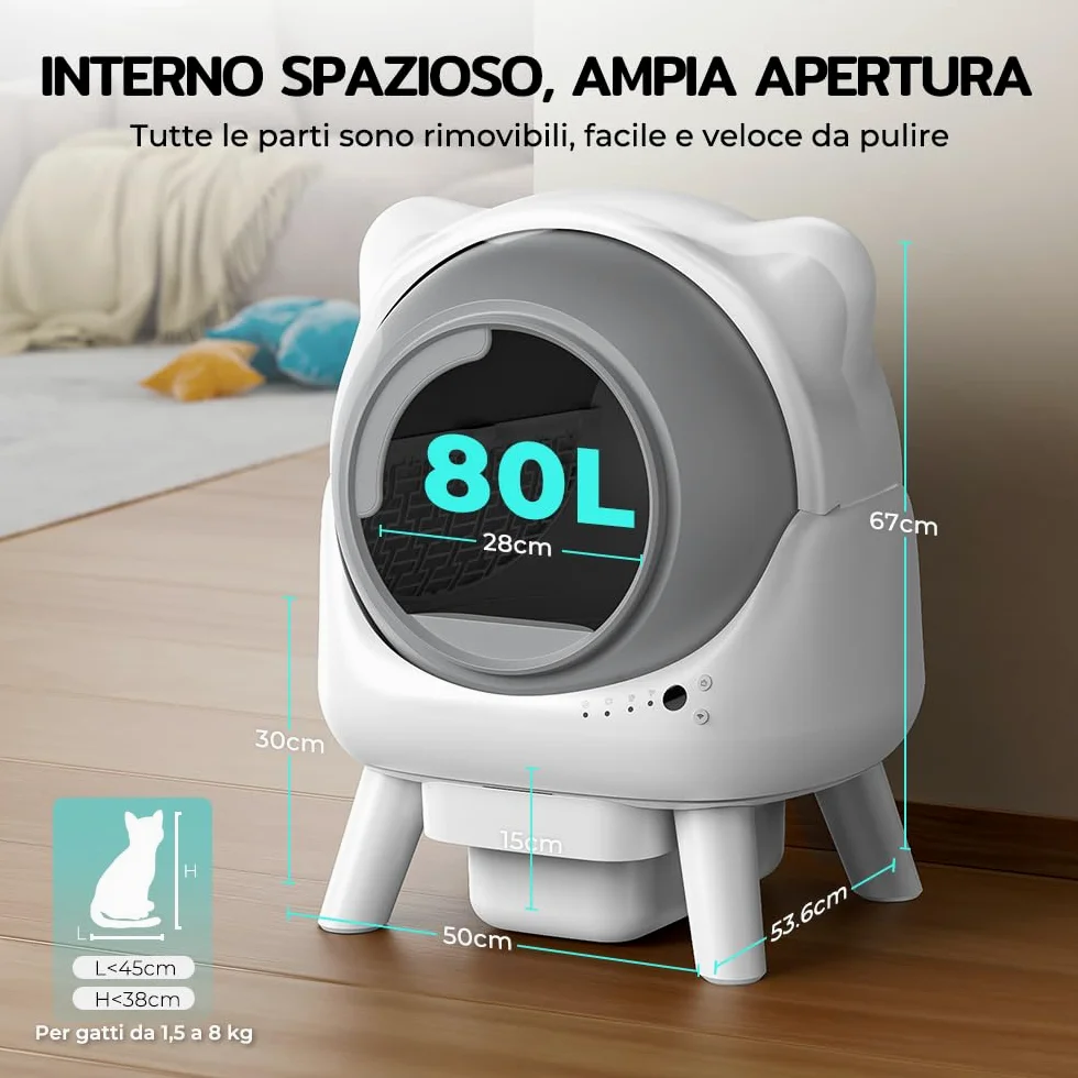 Cura X1 Lettiera Gatto Autopulente, 80+8L Lettiera Autopulente per Gatti, Sensori di Sicurezza, Eliminazione Odori, Controllo App, Grande Capacità, Lettier Automatica per Più Gatti