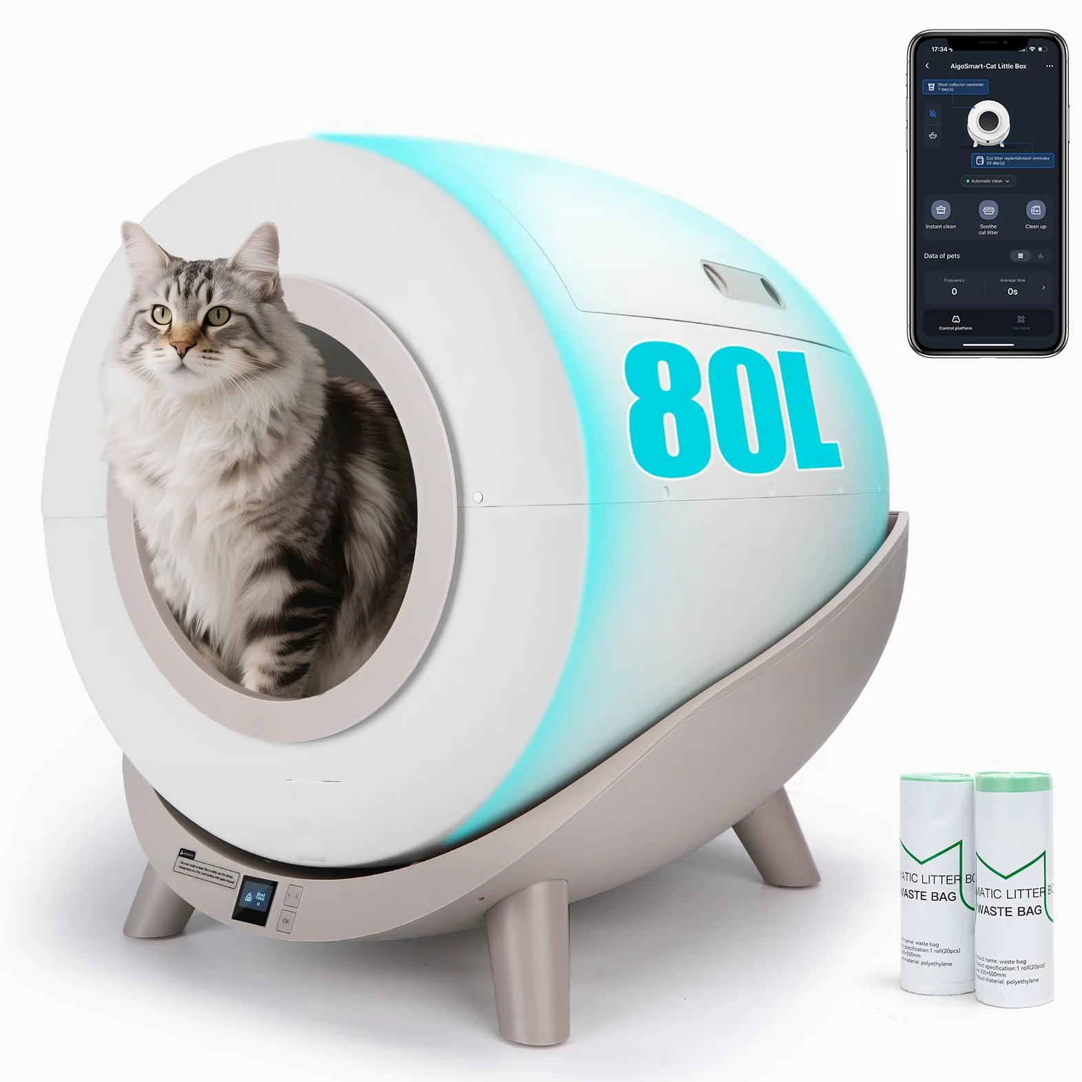 Nobleza - Lettiera Gatto Autopulente, Antiodore Lettiera Automatica Autopulente con App 80L, Cassetta Autopulente WiFi per Più Gatti, Sacchi Spazzatura Inclusi