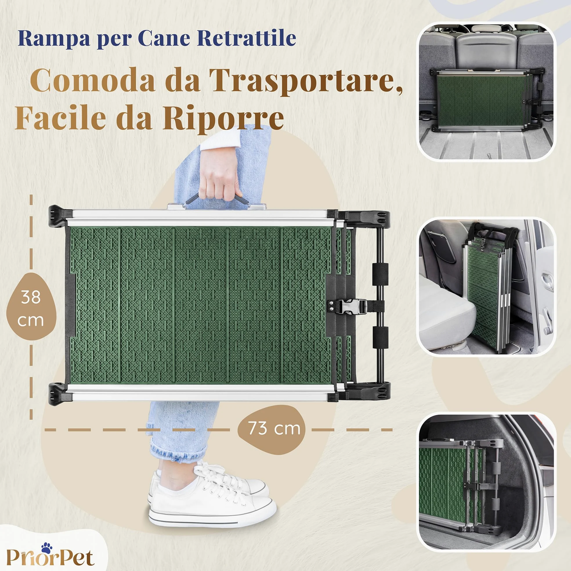 Rampa per Cani per Auto, SUV – STABILI – ANTISCIVOLO – Capacità 90 kg. – Rampe Estensibili per Cani di Grossa Taglia – Lati Riflettenti – Scale per Cani Leggere – Clip di Bloccaggio – Verde