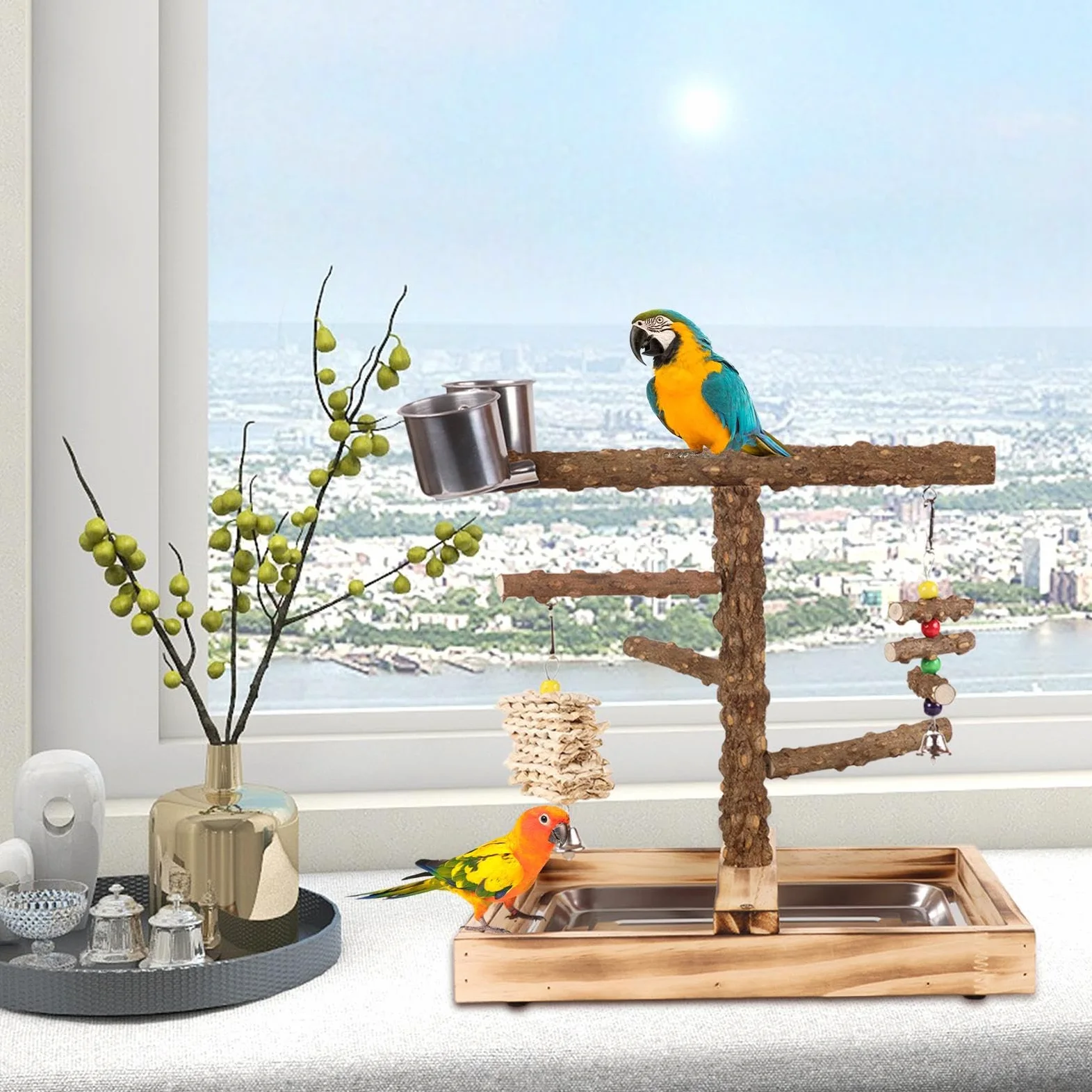 PARROT STAND - Play Parco Per Uccelli In Legno | Partet Play Stand Con Coppa Di Alimentazione, Pesce Per Pescelatura Per Uccelli, Giocattoli Da Gioco Da Ginnastica Per Palestra Per Palette Da Masticaz