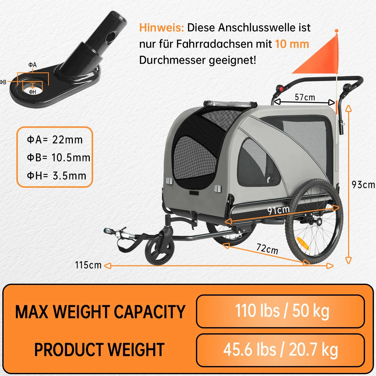 Rimorchio per bicicletta XXL 2 in 1 per cani, pieghevole, con apertura sul tetto, riflettori e strisce riflettenti, attacco universale per bicicletta, manico regolabile in altezza