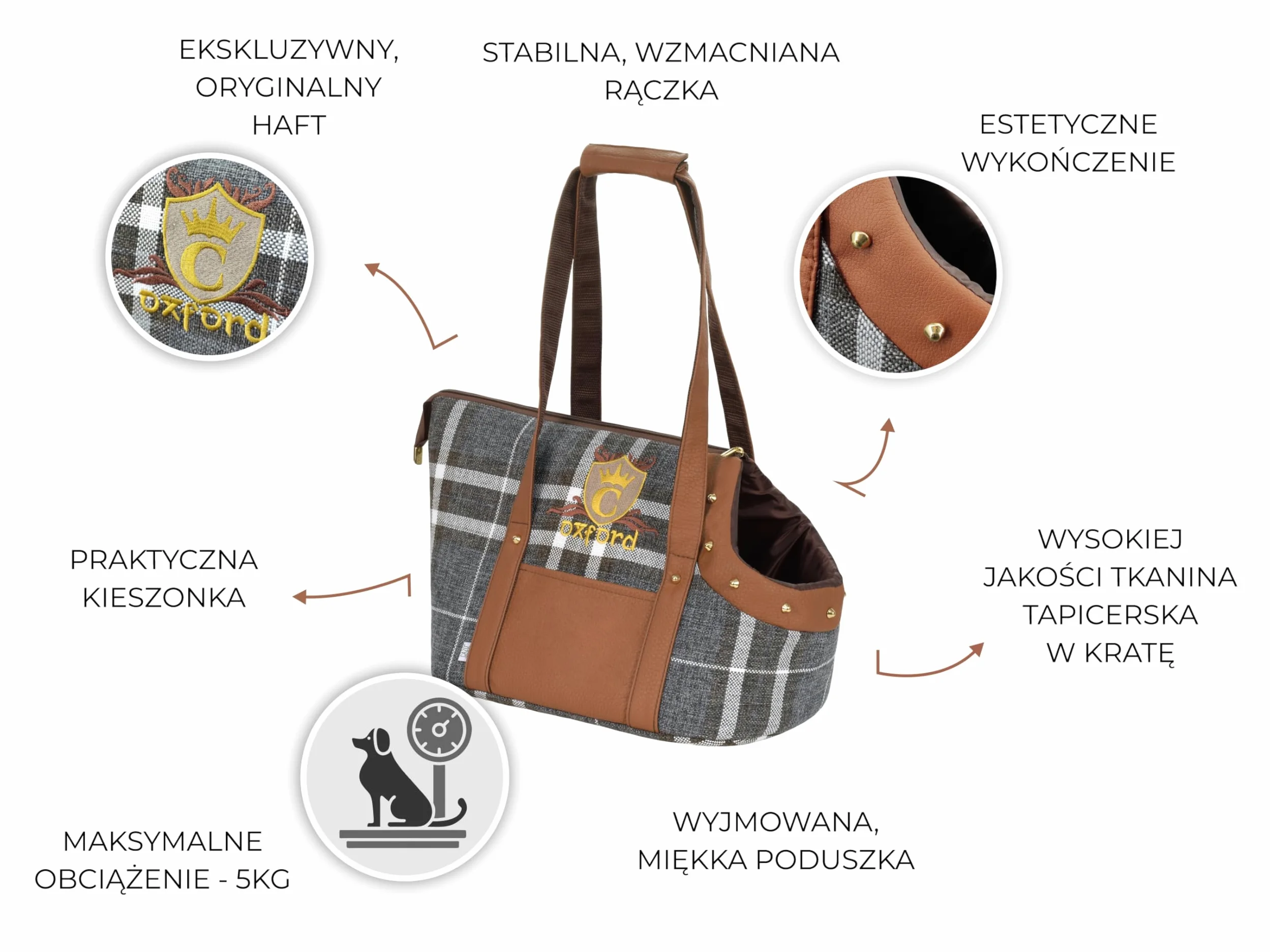 CAZO Oxford Borsa per il trasporto di cani e gatti 30 x 40 x 24 cm, marrone, scozzese, LXD1001
