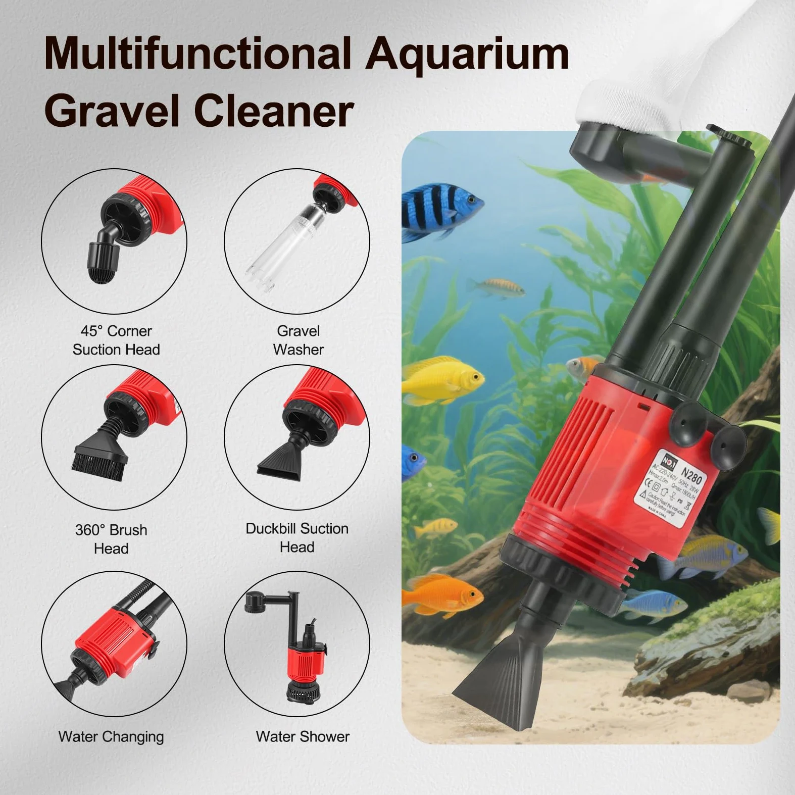 Pulitore Elettrico per Acquario, Aspiraghiaia Elettrico per Acquari 6 in 1, Pulizia Ghiaia e Sabbia, Aspirapolvere Acquario 28W, per Cambio Acqua, Pulizia Sabbia, Rimozione Sporco, Filtraggio