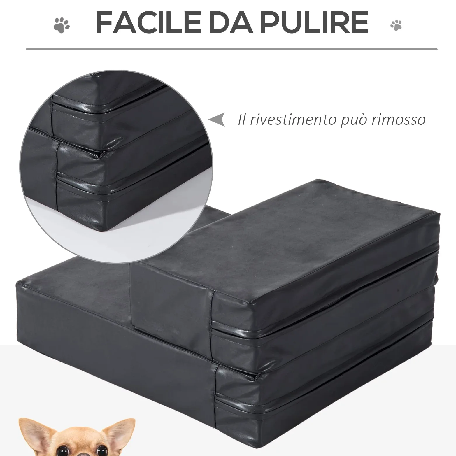 PawHut Scaletta per Cani a 2 Gradini con Cuscino, Scala per Cani in PU e Gommapiuma, 67x39x10 cm, Nero
