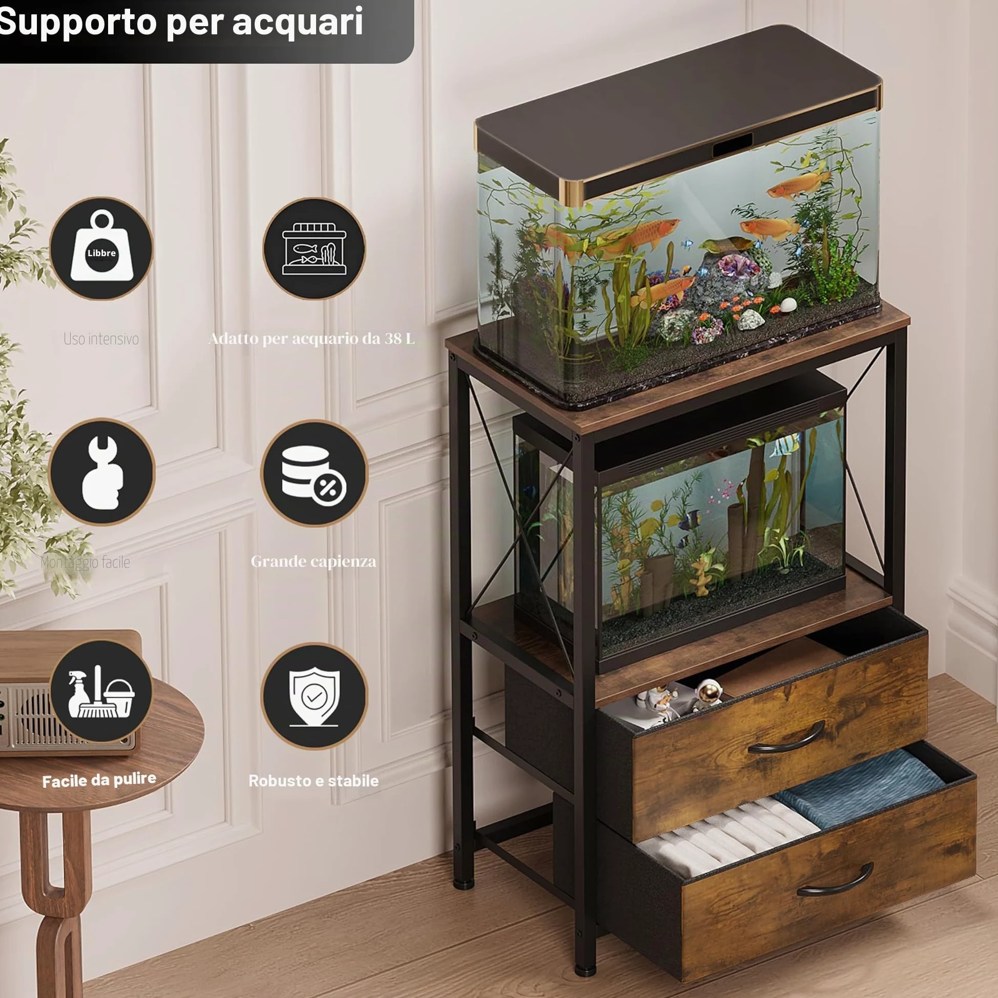 Supporto per acquario, 38 l, con 2 cassetti, per acquario, per 40 l, per pesci e tartarughe e rettili, 2 piani, colore marrone rustico