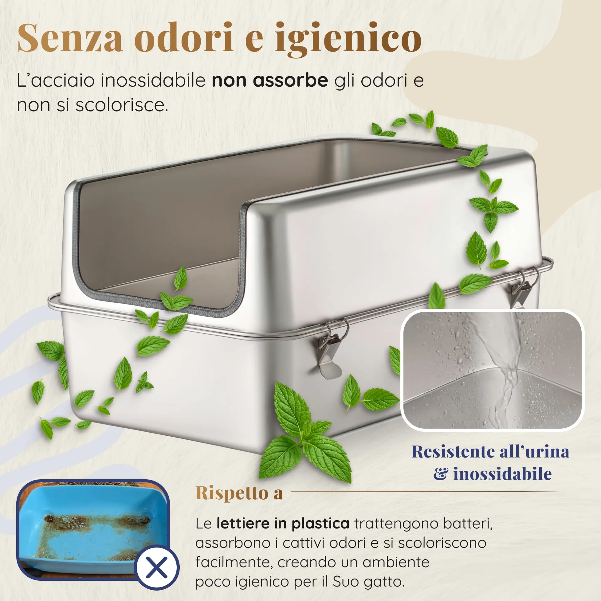 Lettiera Acciaio Inox – Inodore e Antiaderente – La Cassetta Gatto Inox XXL – Capacità 38L – Lettiere in acciaio per gatti – Con Paletta e Tappetino per Lettiera – 60 × 40 × 32 cm
