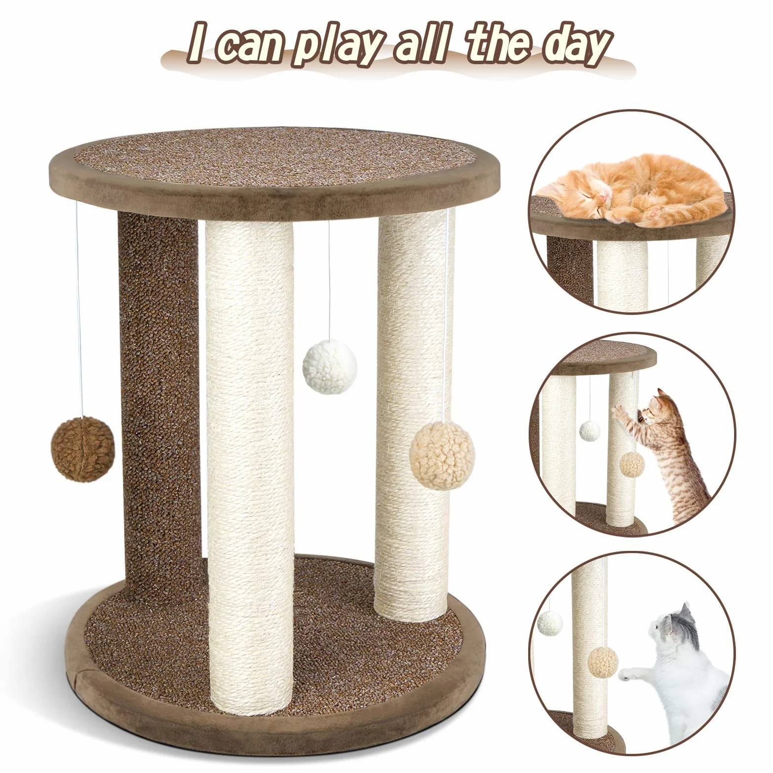 Aibuddy Tiragraffi per gatti, torre tiragraffi con 3 pali tiragraffi, area giochi con base in moquette e posatoio (giocattoli interattivi per gatti, palla pendente, montaggio orientale, 40 x 40 x 47