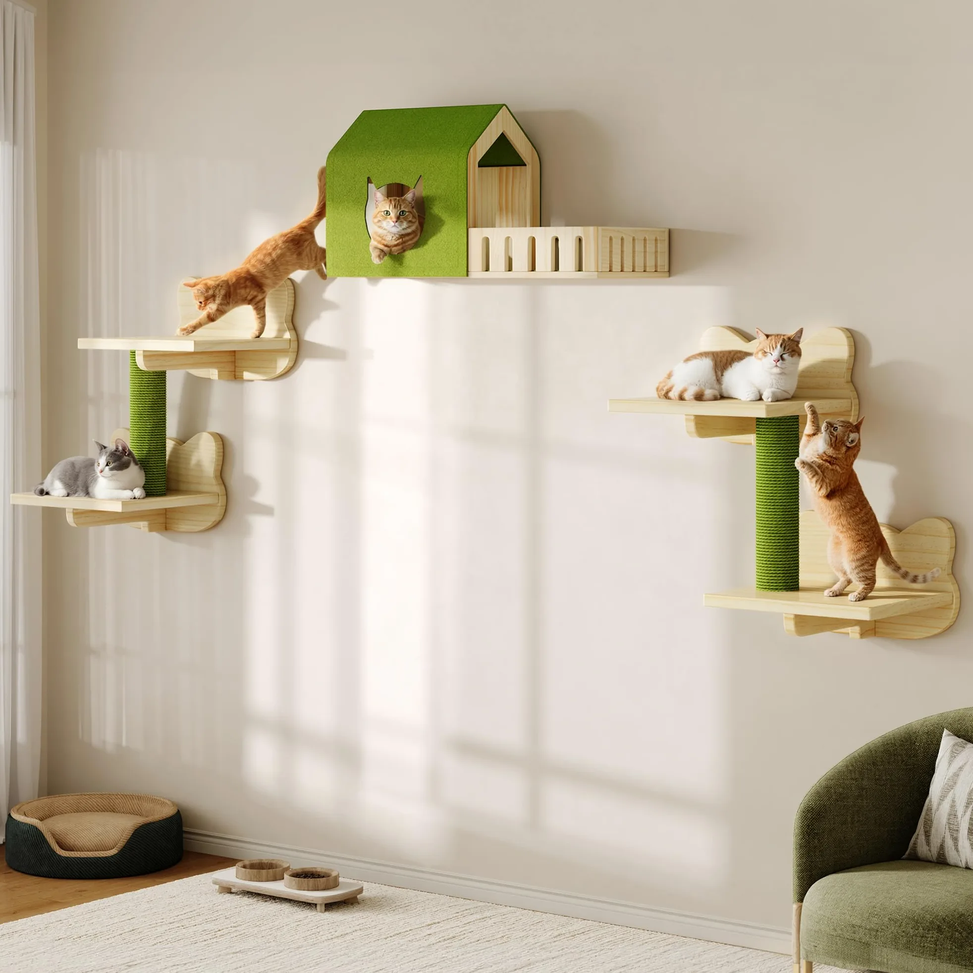YITAHOME Set da parete per gatti in legno stabile, 5 pezzi, elementi da parete per gatti, con casetta per gatti, per dormire, giocare e riposare