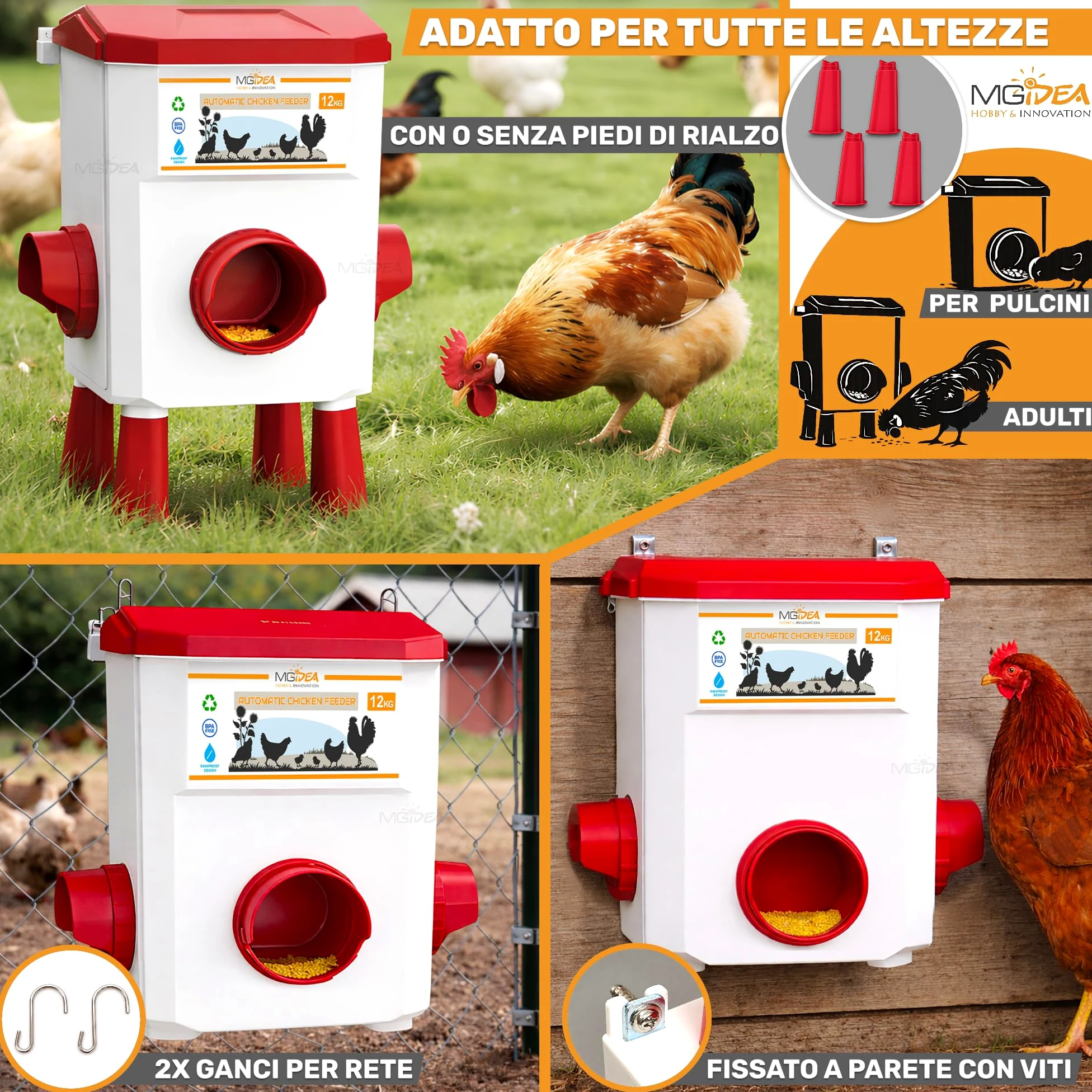 KIT MANGIATOIA ABBEVERATOIO GALLINE DISPENSER AUTOMATICO SISTEMA DISTRIBUTORE ACQUA MANGIME POLLAIO REGOLABILE GIARDINO PULCINI (8 Kg + 7 Lt)