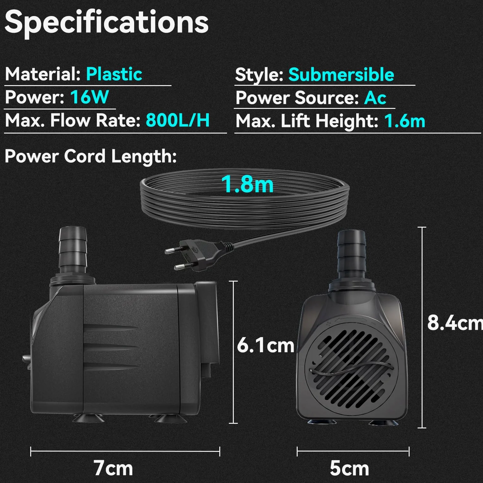 Pompa filtro per laghetto, 16 W, 800 l/h, protezione dal surriscaldamento, funzione ultra silenziosa, con cavo da 1,8 m, per fontane, sistemi idroponici. Pompa sommergibile, colore nero