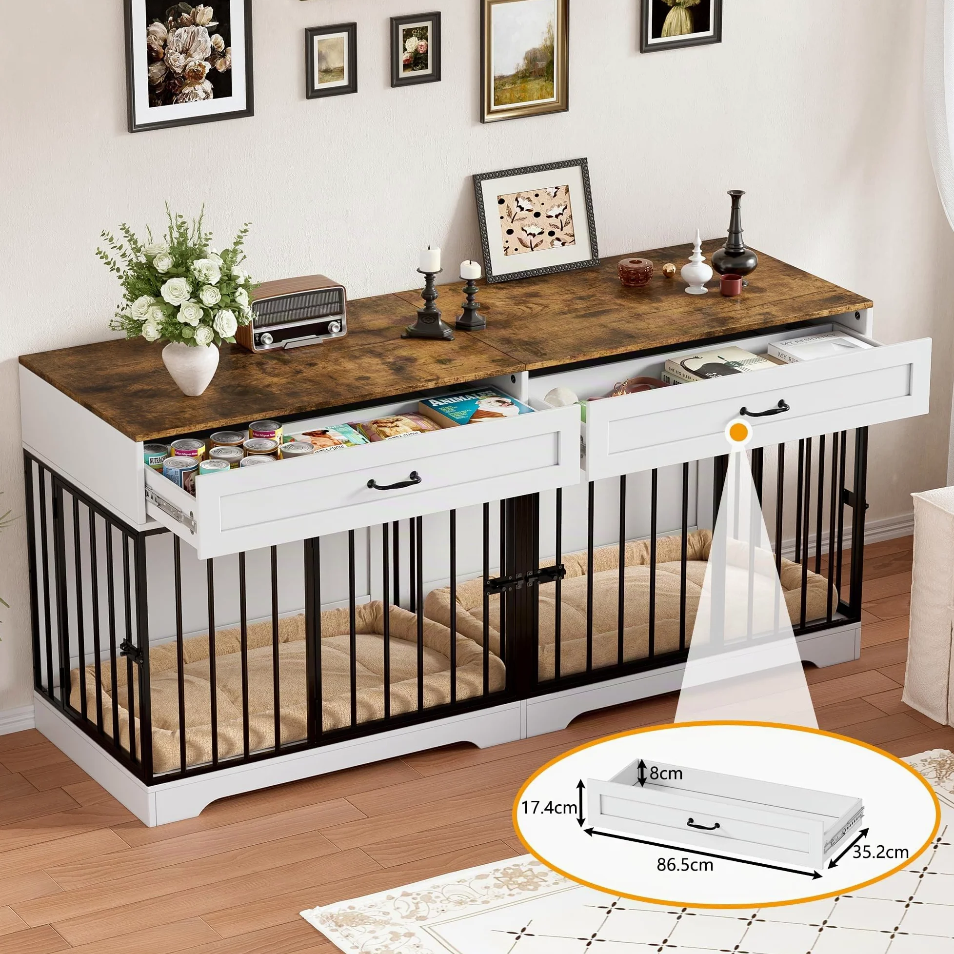 Gabbia per Cani Kennel, Casetta per Cani da Interno, 178CM Gabbietta per Animali in Legno e Metallo, XXL Cuccia Robusta per Dog con Divisorio & 2 Cassetti,Casetta per Animali,4 Porte,Fino a 100KG