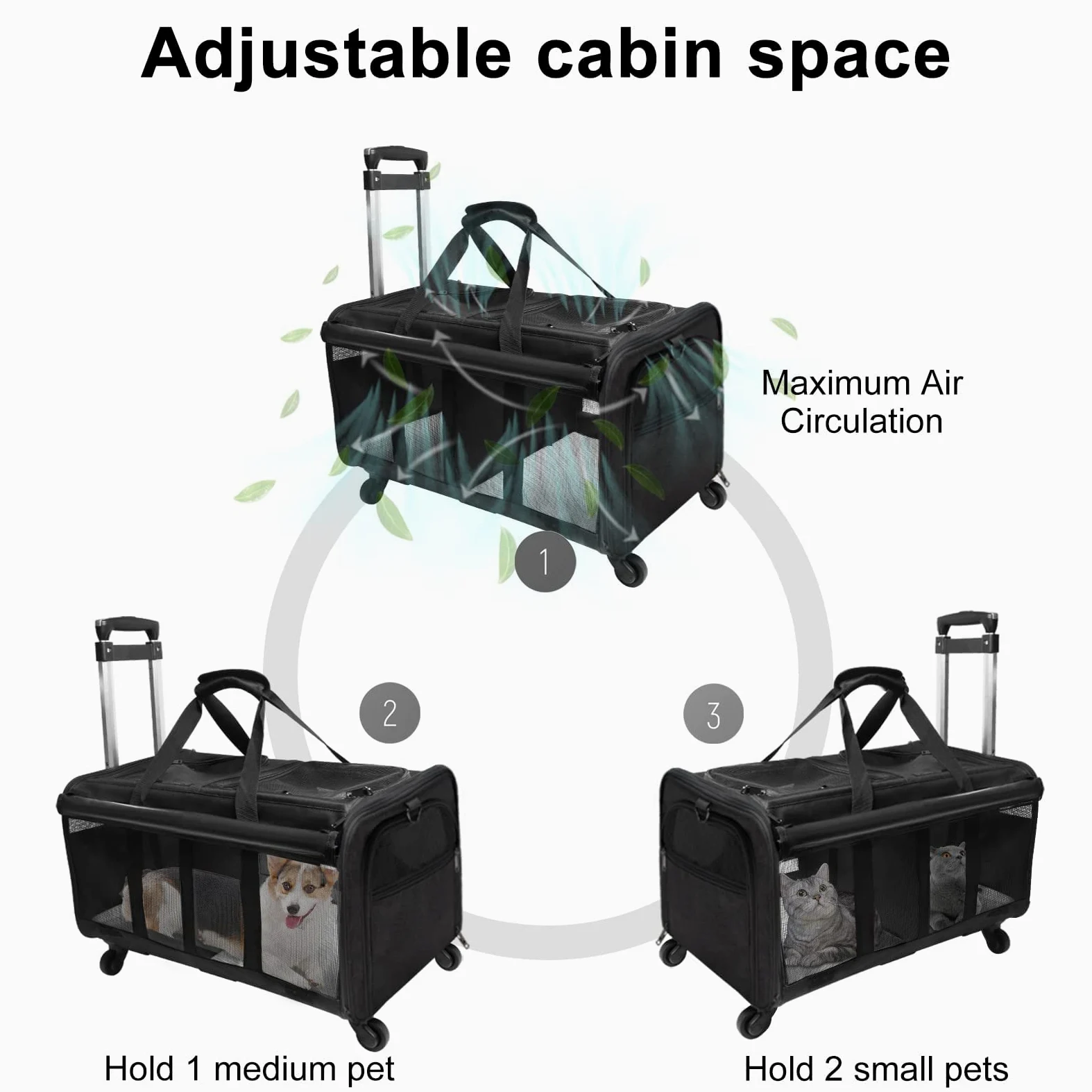 Marsupio a doppio scomparto con ruote per 2 animali domestici, fino a 15,9 kg, trasportino per gatti con rotolamento per 2 gatti, design super ventilato, ideale per