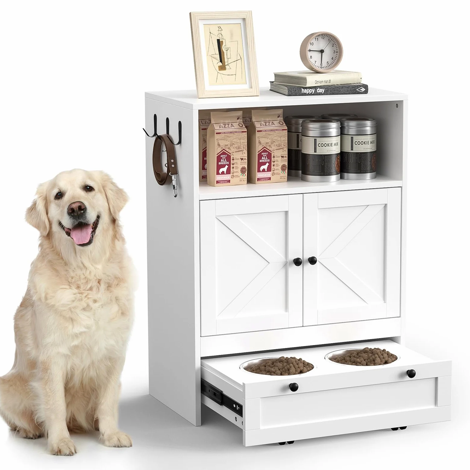 Mangiatoia per cani con 2 ciotole in acciaio inox, 60 x 35 x 82 cm, armadietto per animali domestici con ripostiglio, armadietto per animali domestici 2 in 1 e stazione di alimentazione, ciotola per